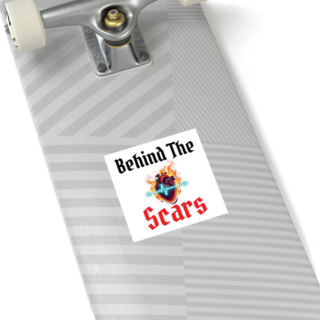 Square Sticker — "Behind The Scars" Heartbeat Flame Design (Indoor/Outdoor)