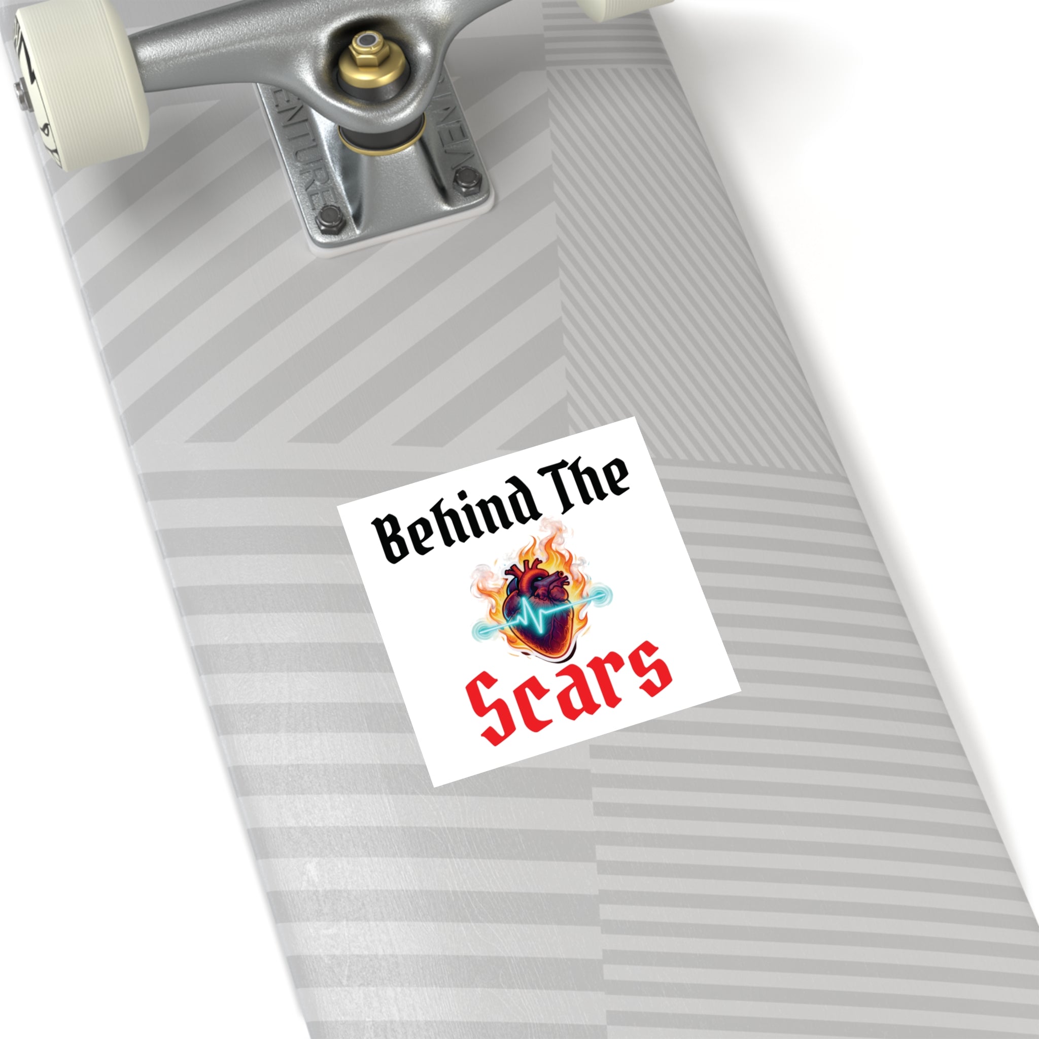 Square Sticker — "Behind The Scars" Heartbeat Flame Design (Indoor/Outdoor)