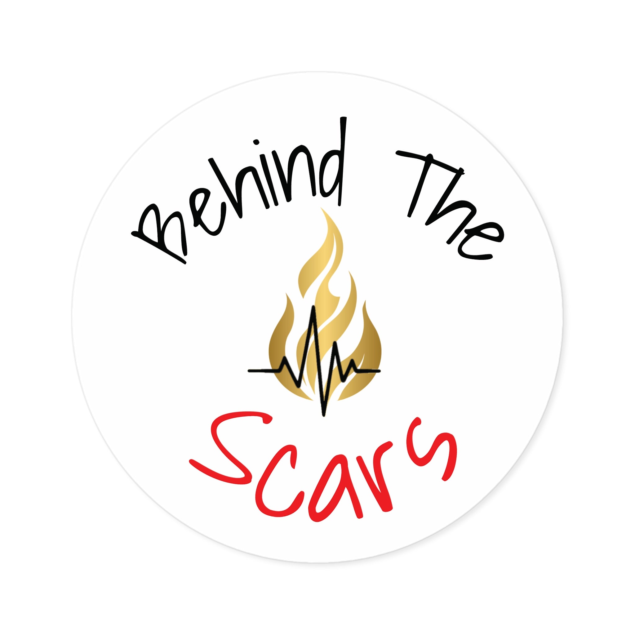 Round Sticker — "Behind The Scars" Flame Heart