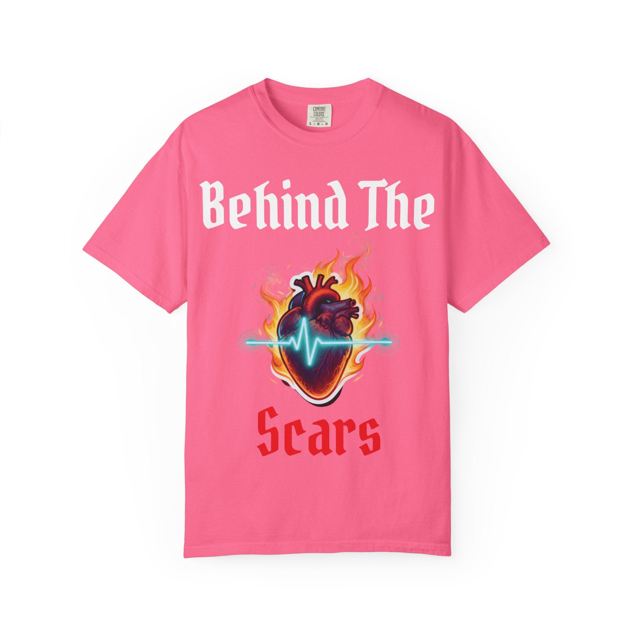 White text T-Shirt — "Behind The Scars" Flaming Heart Design