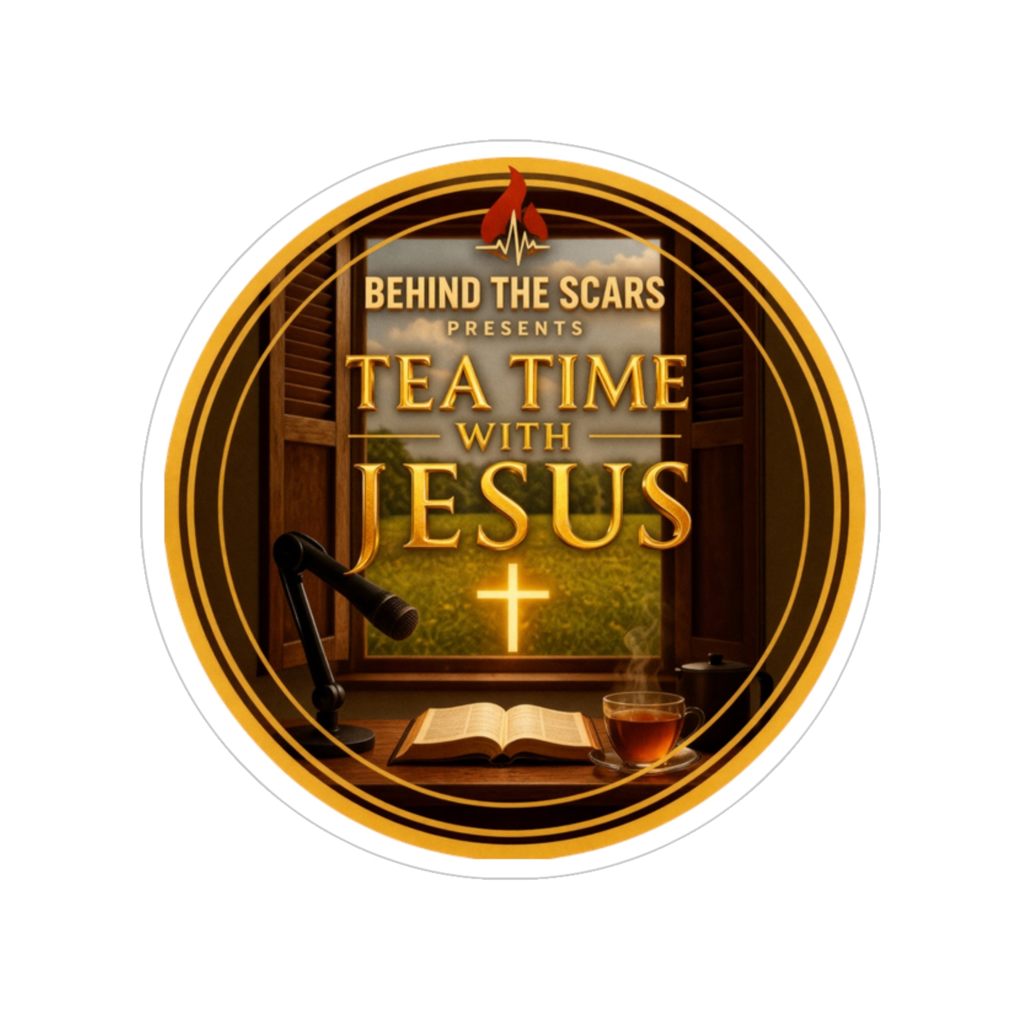 Round Transparent Sticker – "Tea Time with Jesus" Decal