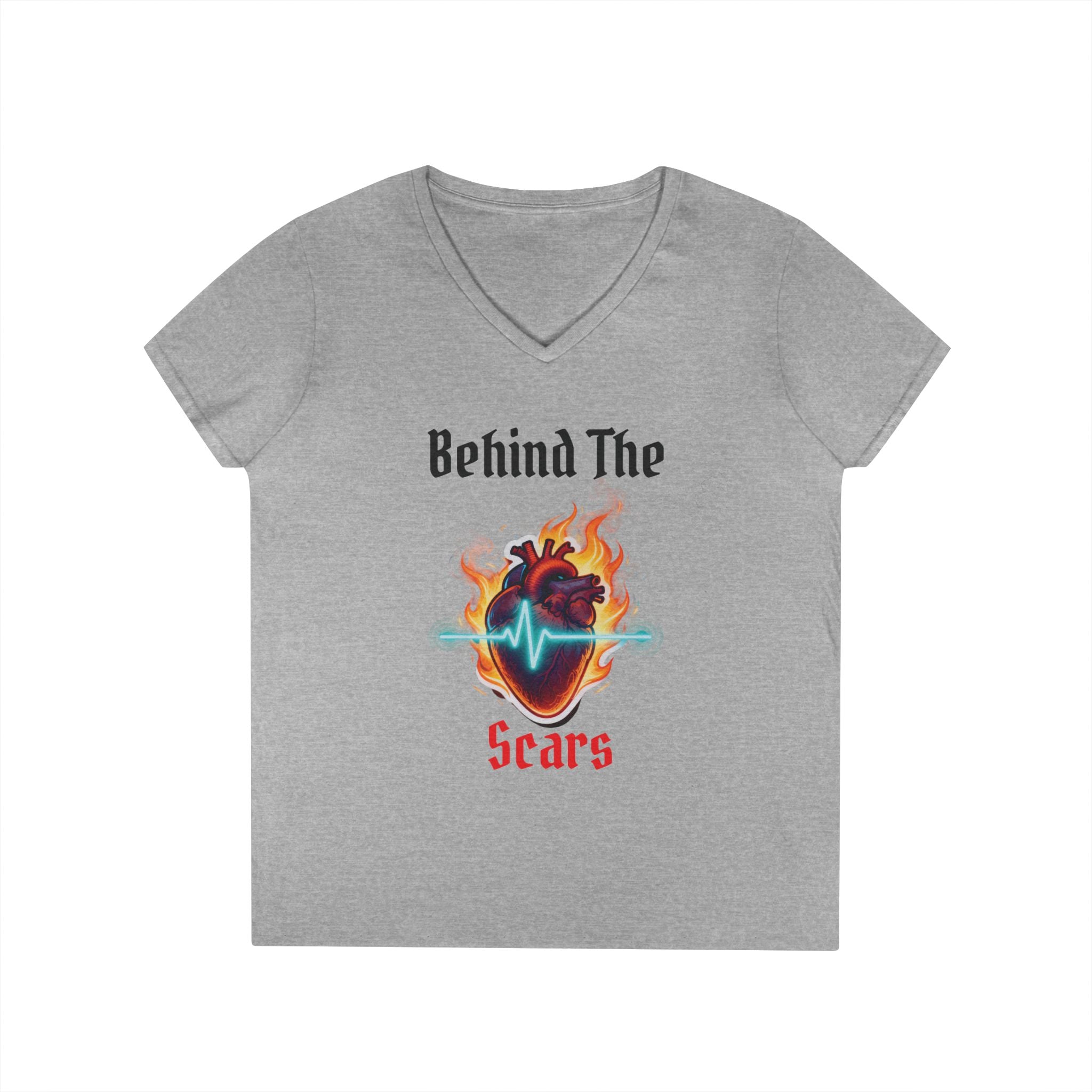 Flaming Heart Behind The Scars Ladies' V-Neck Tee
