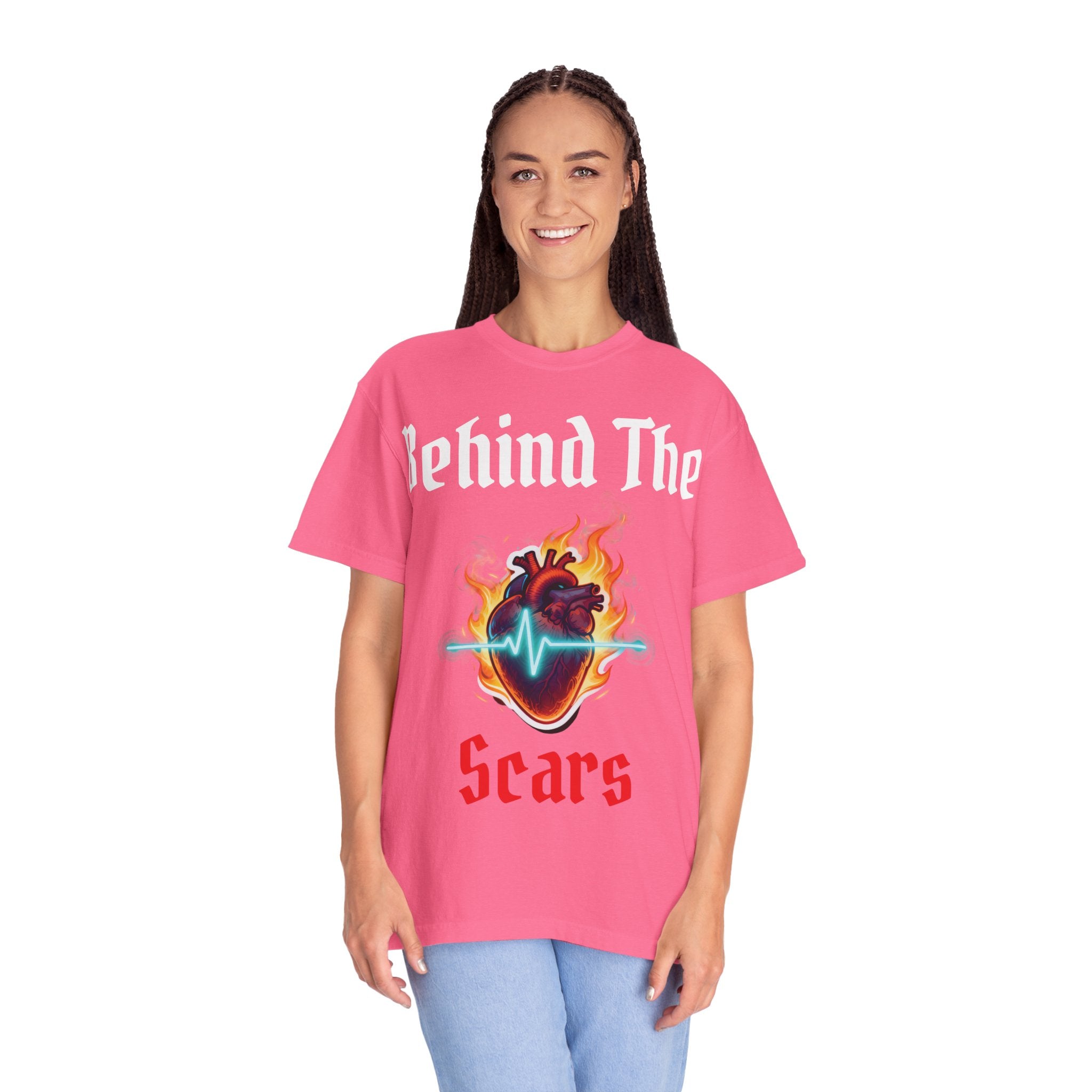 White text T-Shirt — "Behind The Scars" Flaming Heart Design