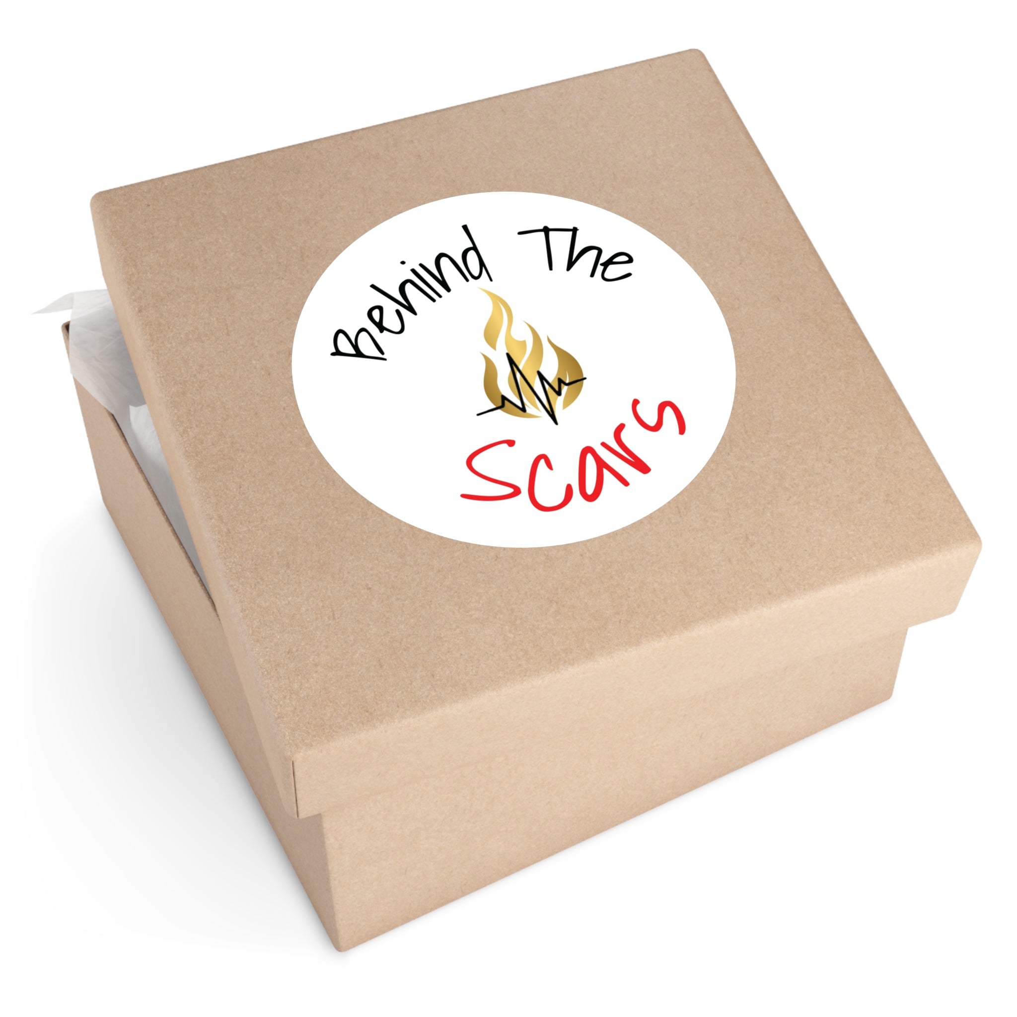Round Sticker — "Behind The Scars" Flame Heart