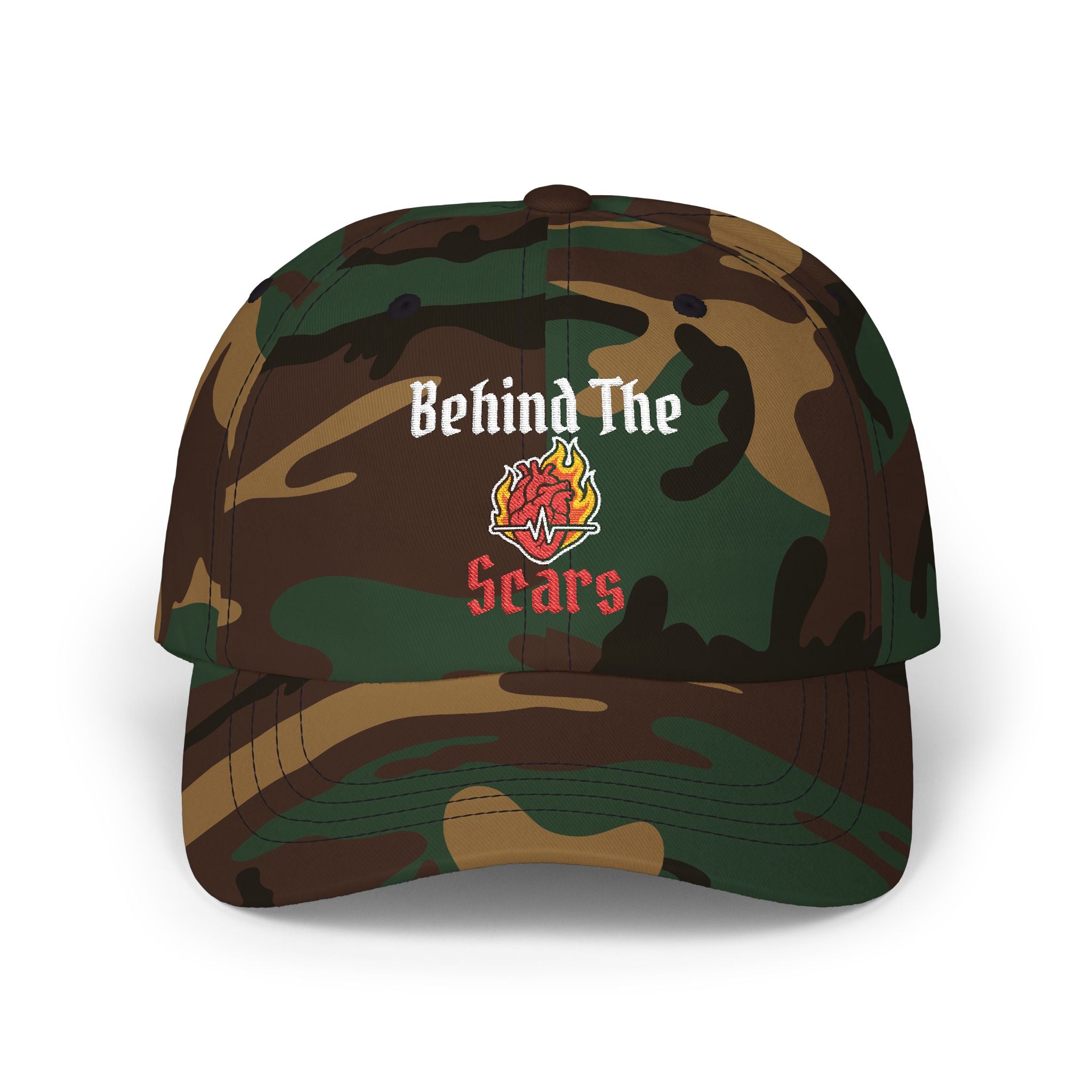 White Text of Behind The Scars Flaming Heart Embroidered Dad Cap