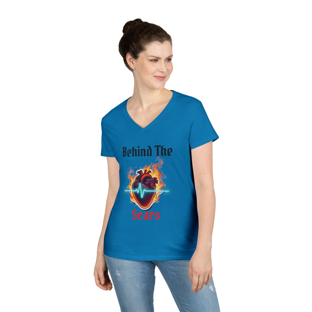 Flaming Heart Behind The Scars Ladies' V-Neck Tee