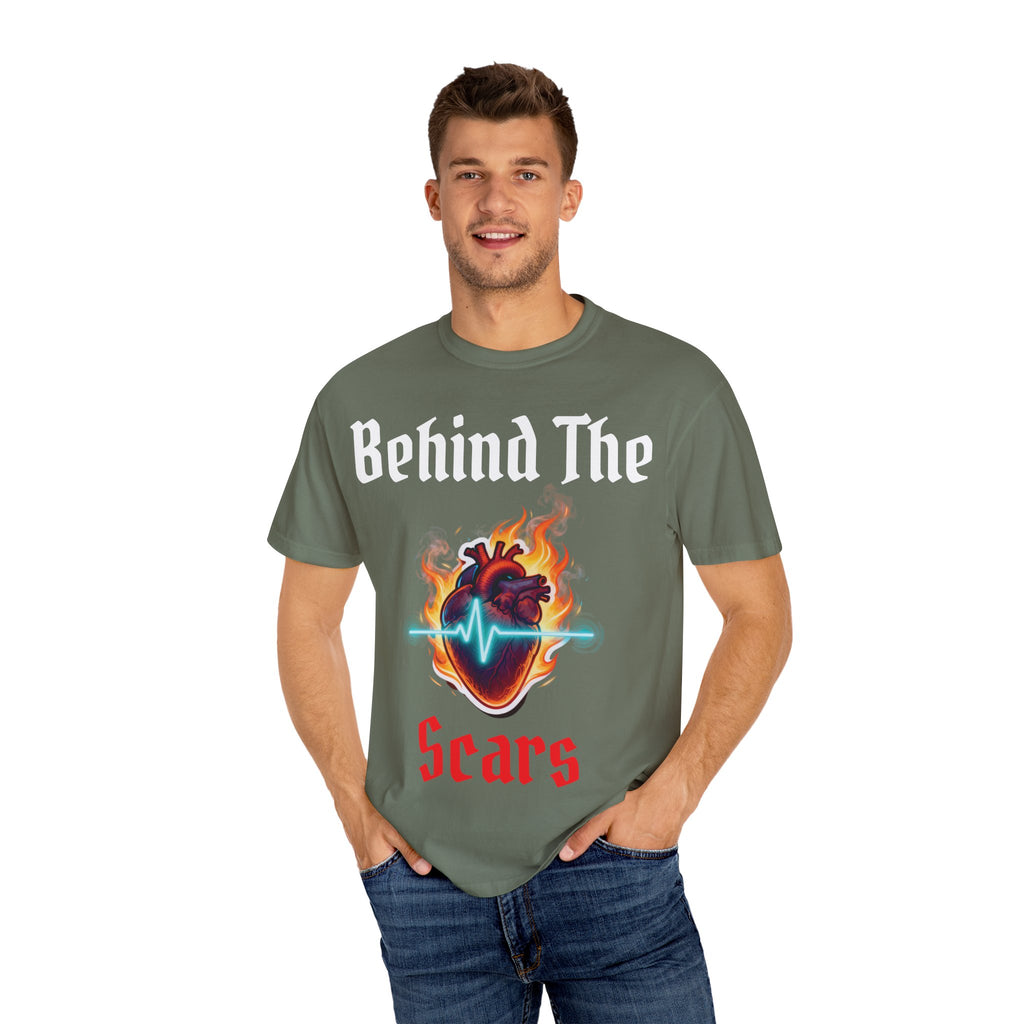 White text T-Shirt — "Behind The Scars" Flaming Heart Design
