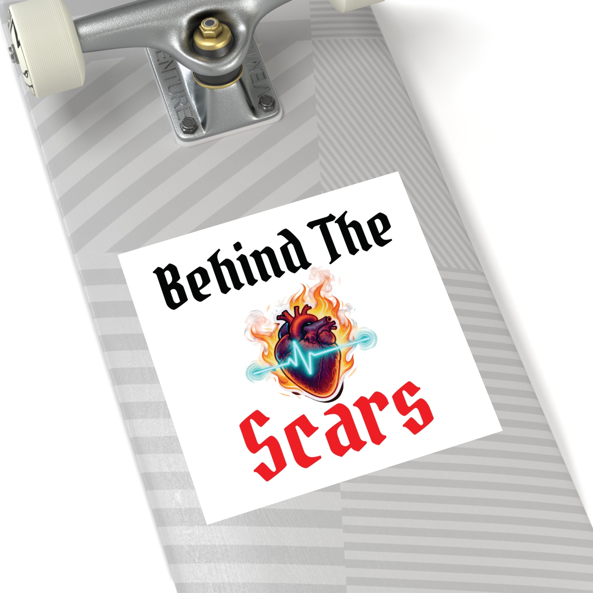 Square Sticker — "Behind The Scars" Heartbeat Flame Design (Indoor/Outdoor)