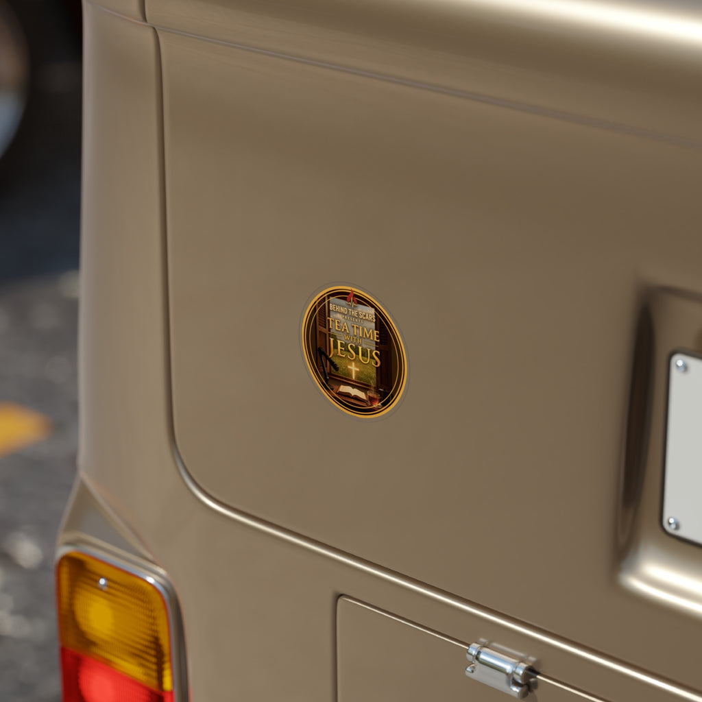 Round Transparent Sticker – "Tea Time with Jesus" Decal