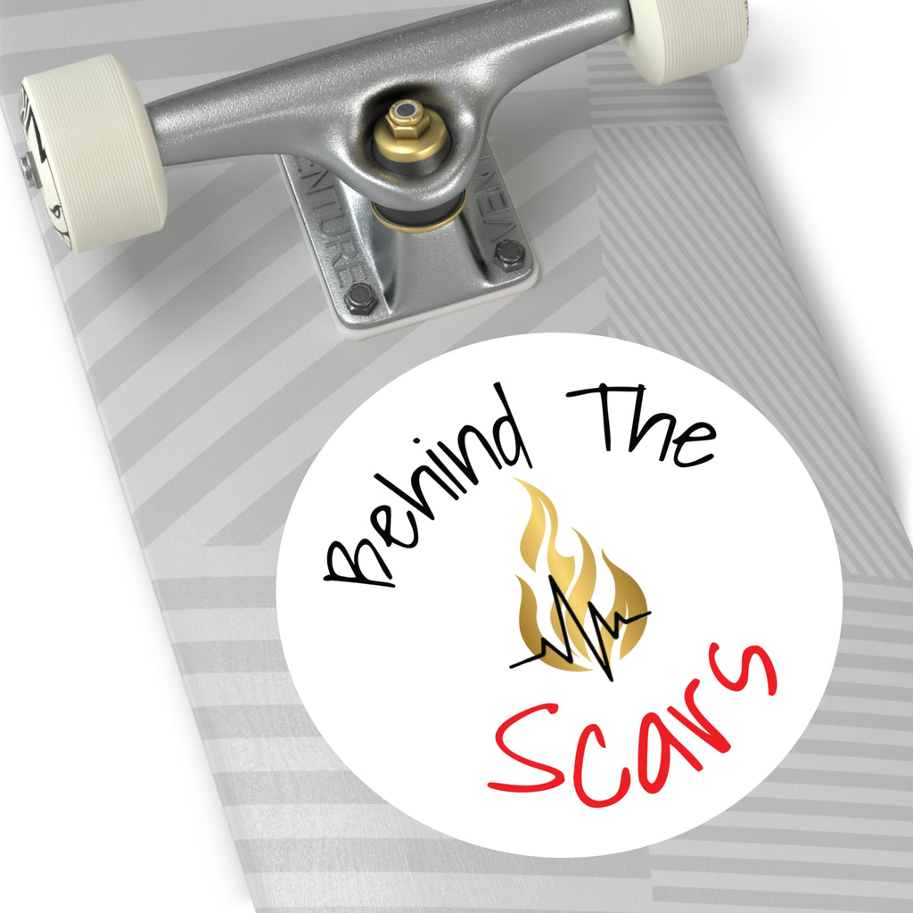 Round Sticker — "Behind The Scars" Flame Heart