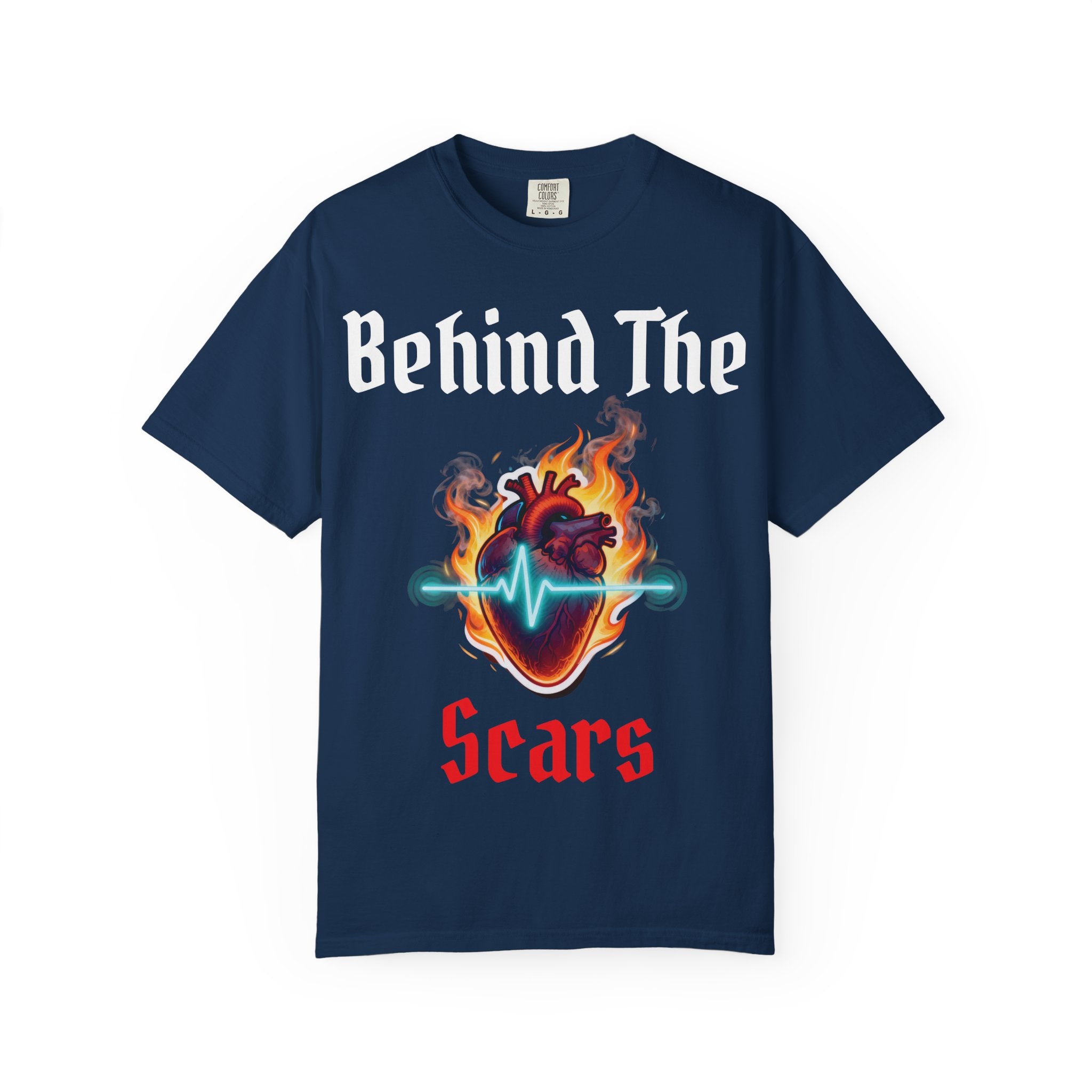 White text T-Shirt — "Behind The Scars" Flaming Heart Design