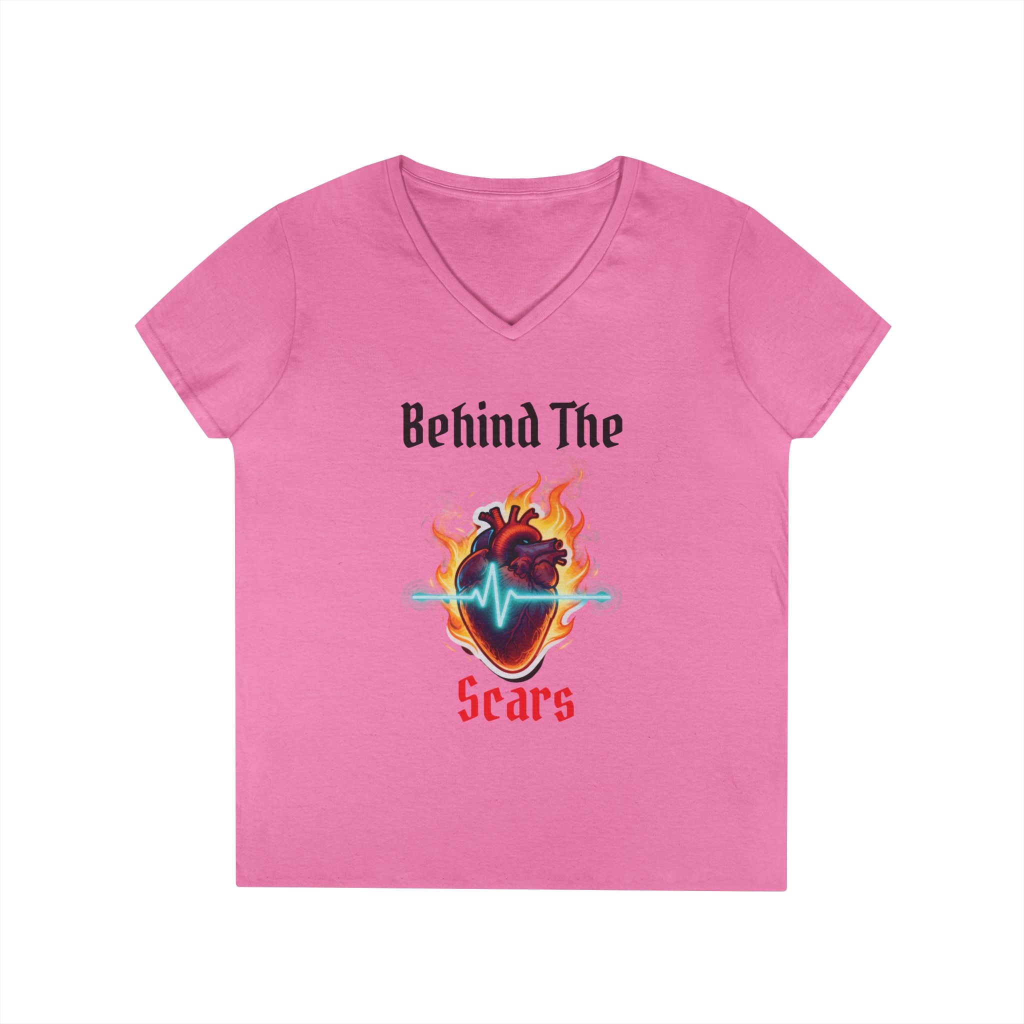 Flaming Heart Behind The Scars Ladies' V-Neck Tee