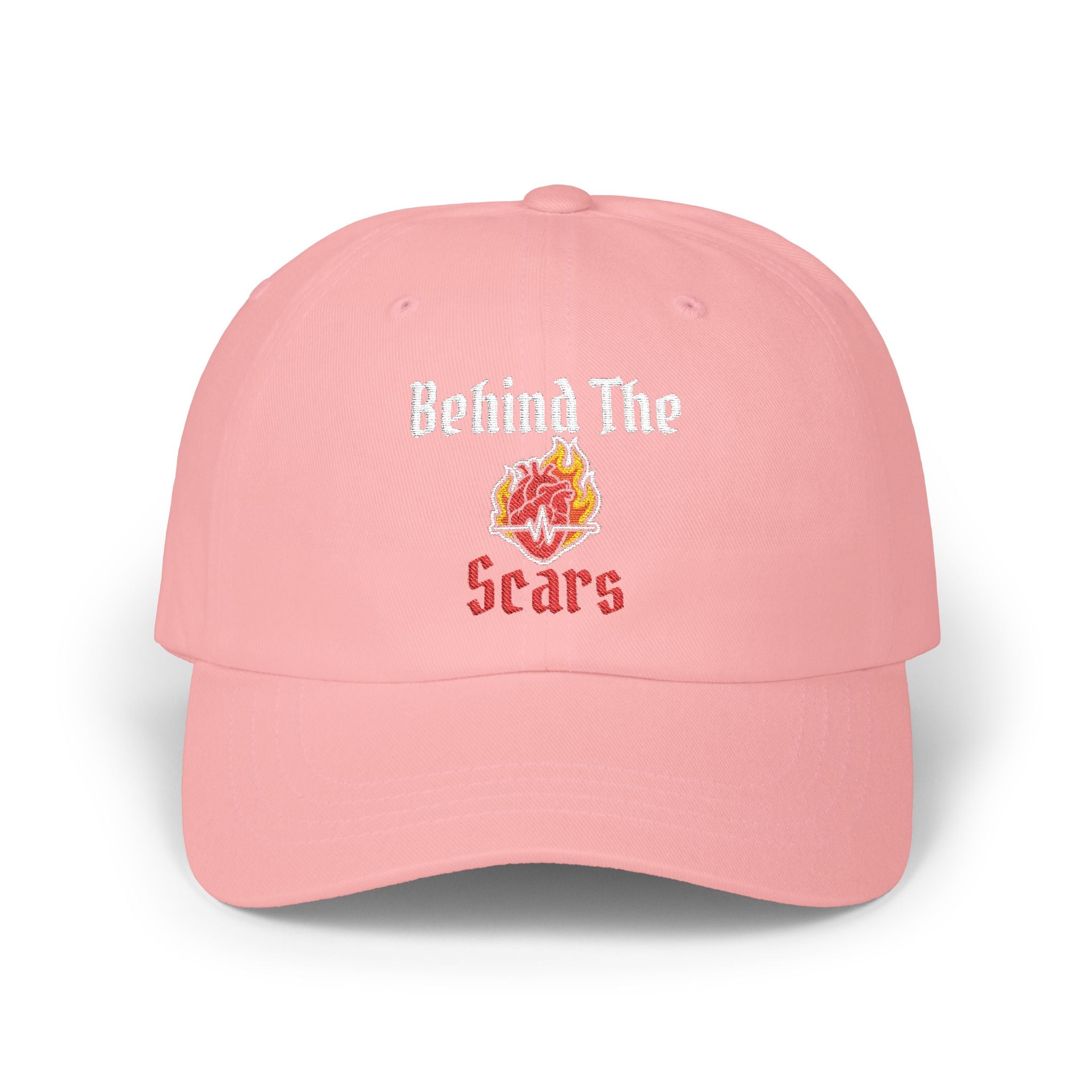 White Text of Behind The Scars Flaming Heart Embroidered Dad Cap