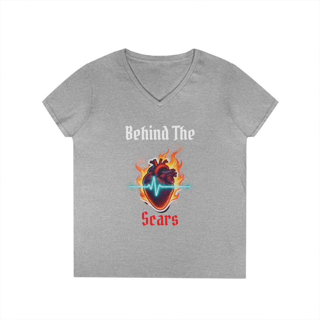 White text Behind The Scars Ladies' V-Neck Tee