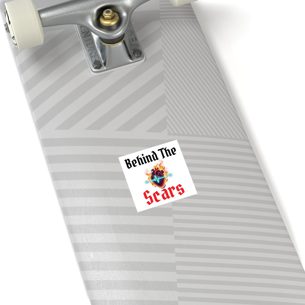 Square Sticker — "Behind The Scars" Heartbeat Flame Design (Indoor/Outdoor)