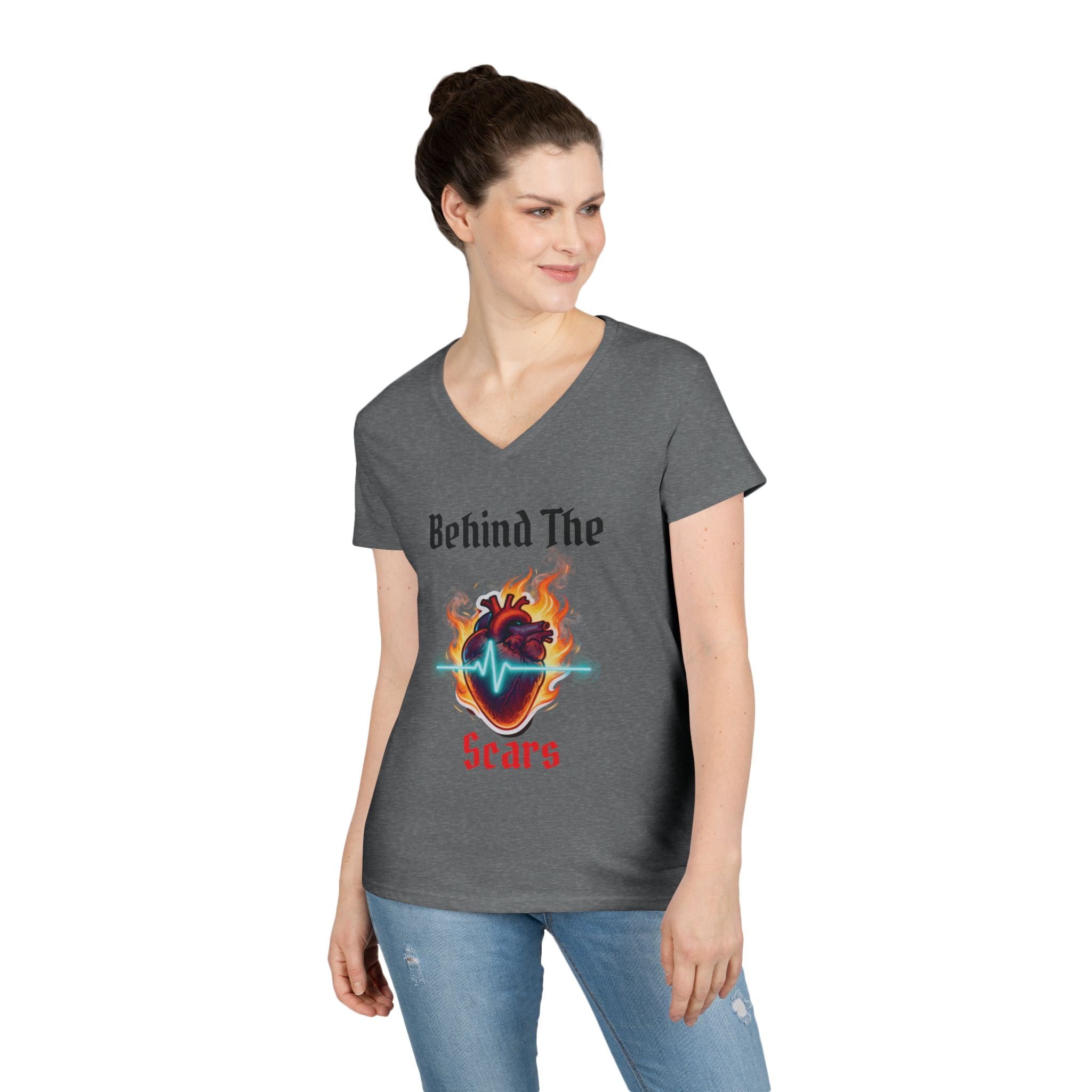 Flaming Heart Behind The Scars Ladies' V-Neck Tee
