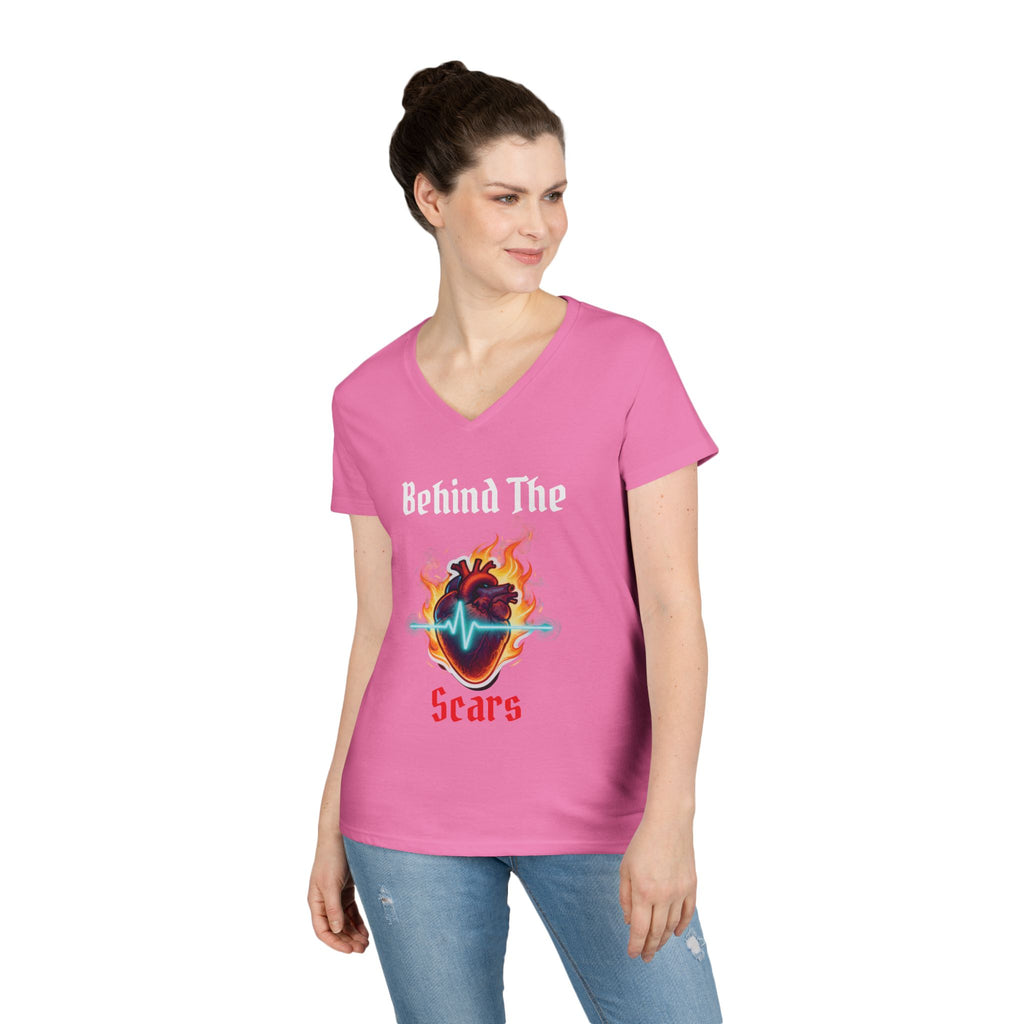 White text Behind The Scars Ladies' V-Neck Tee