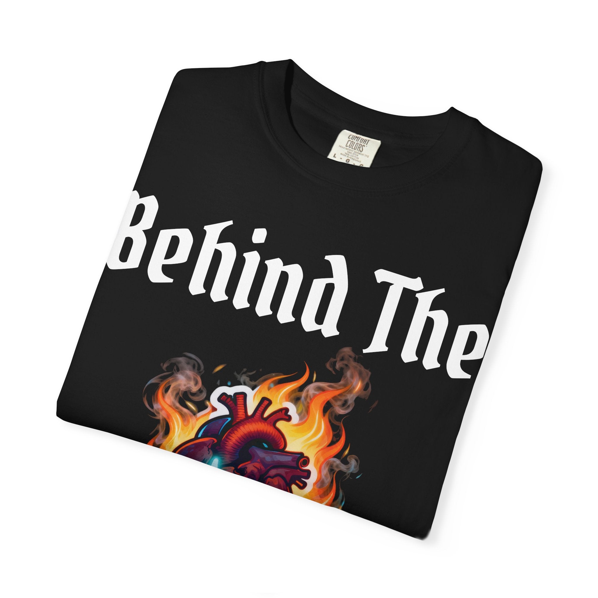 White text T-Shirt — "Behind The Scars" Flaming Heart Design