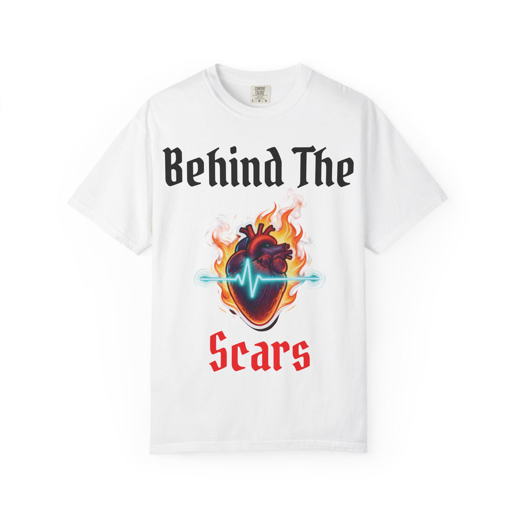 Graphic T-Shirt — "Behind The Scars" Flaming Heart Design
