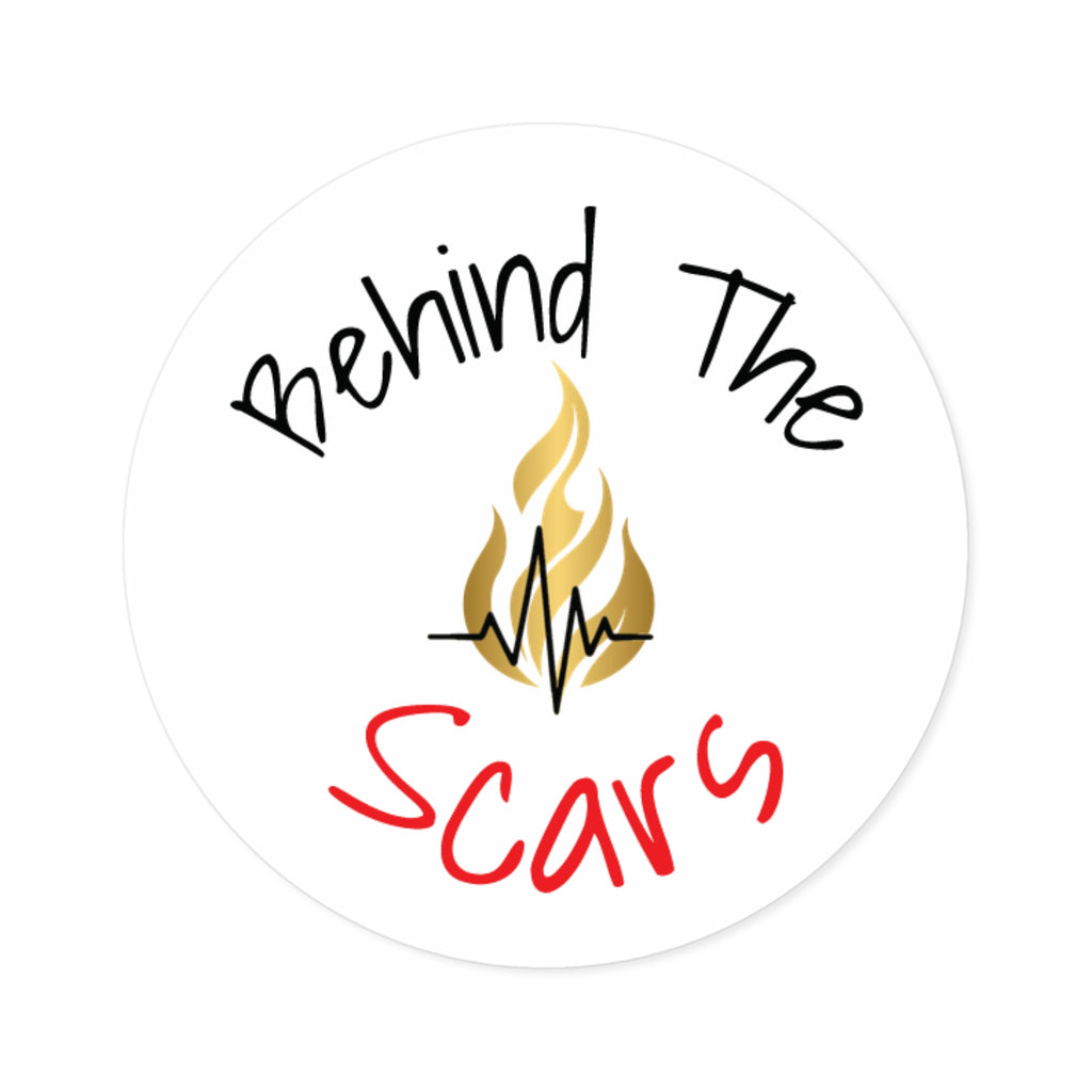 Round Sticker — "Behind The Scars" Flame Heart