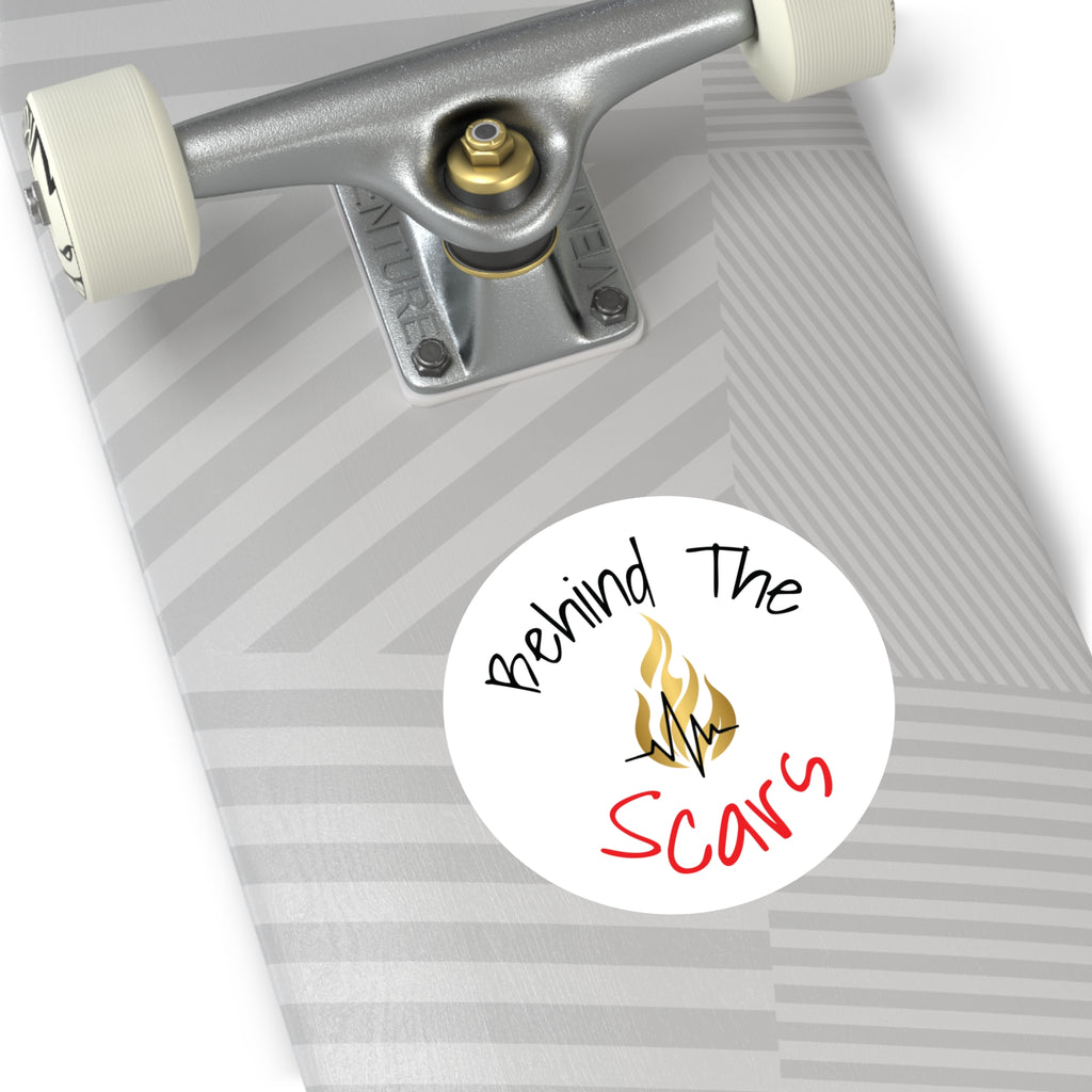 Round Sticker — "Behind The Scars" Flame Heart