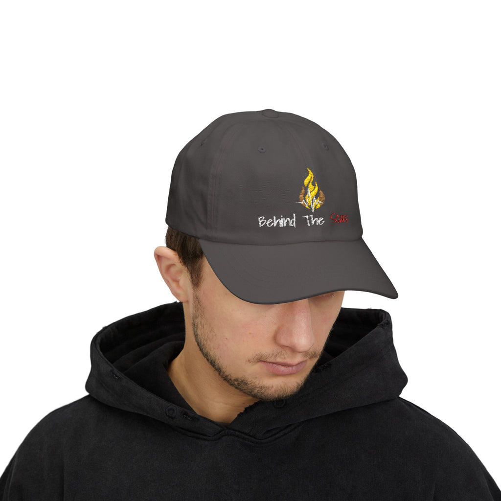 White Text 'Behind The Scars' Dad Cap – Embroidered Camping Flame Baseball Hat