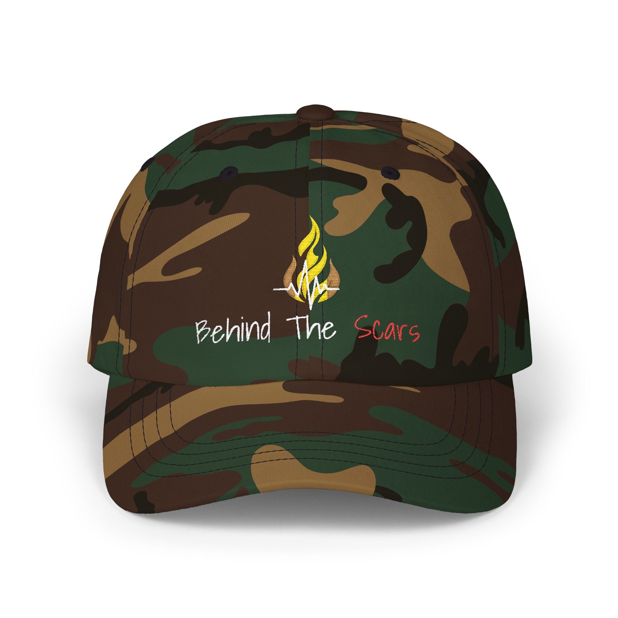 White Text 'Behind The Scars' Dad Cap – Embroidered Camping Flame Baseball Hat