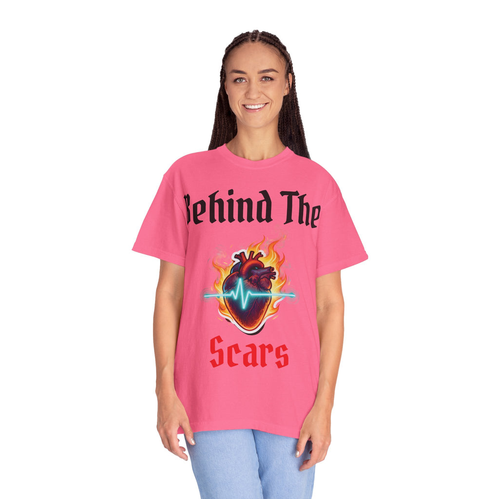 Graphic T-Shirt — "Behind The Scars" Flaming Heart Design