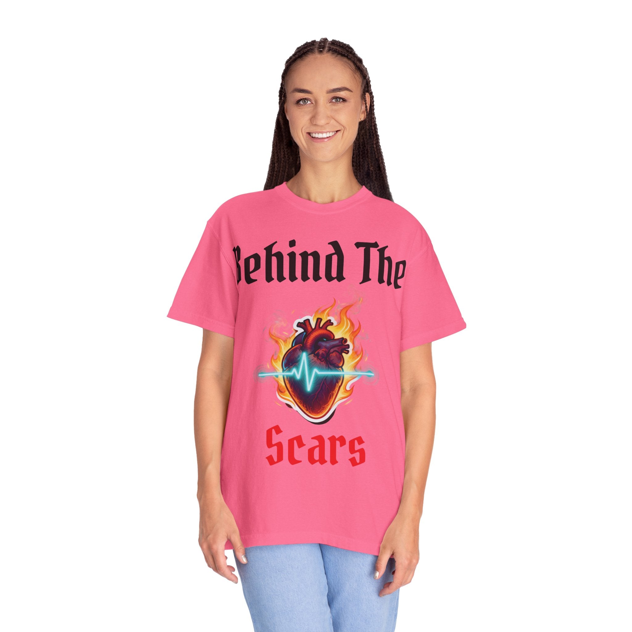 Graphic T-Shirt — "Behind The Scars" Flaming Heart Design