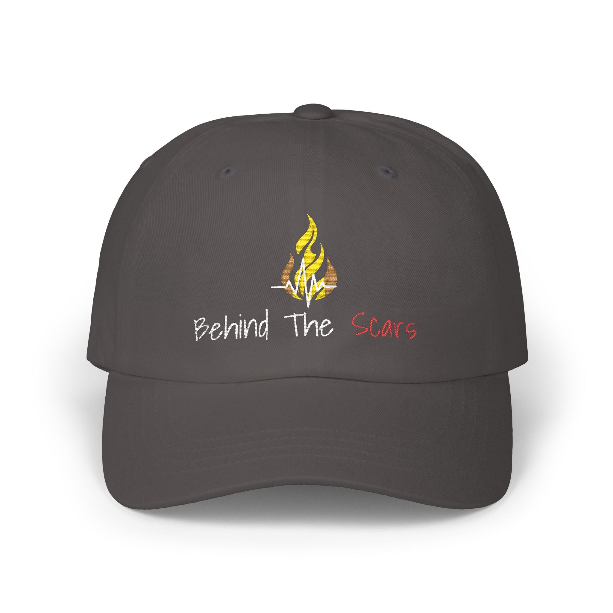 White Text 'Behind The Scars' Dad Cap – Embroidered Camping Flame Baseball Hat