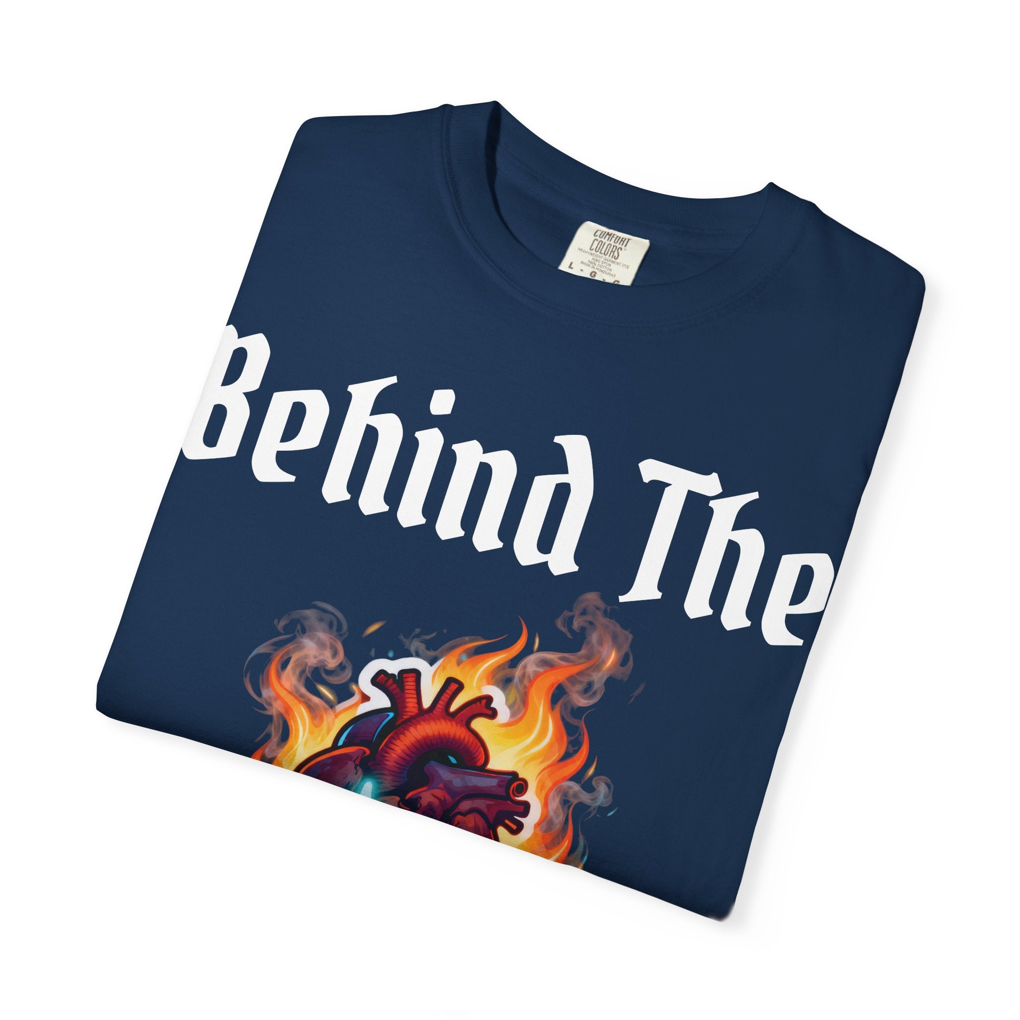 White text T-Shirt — "Behind The Scars" Flaming Heart Design