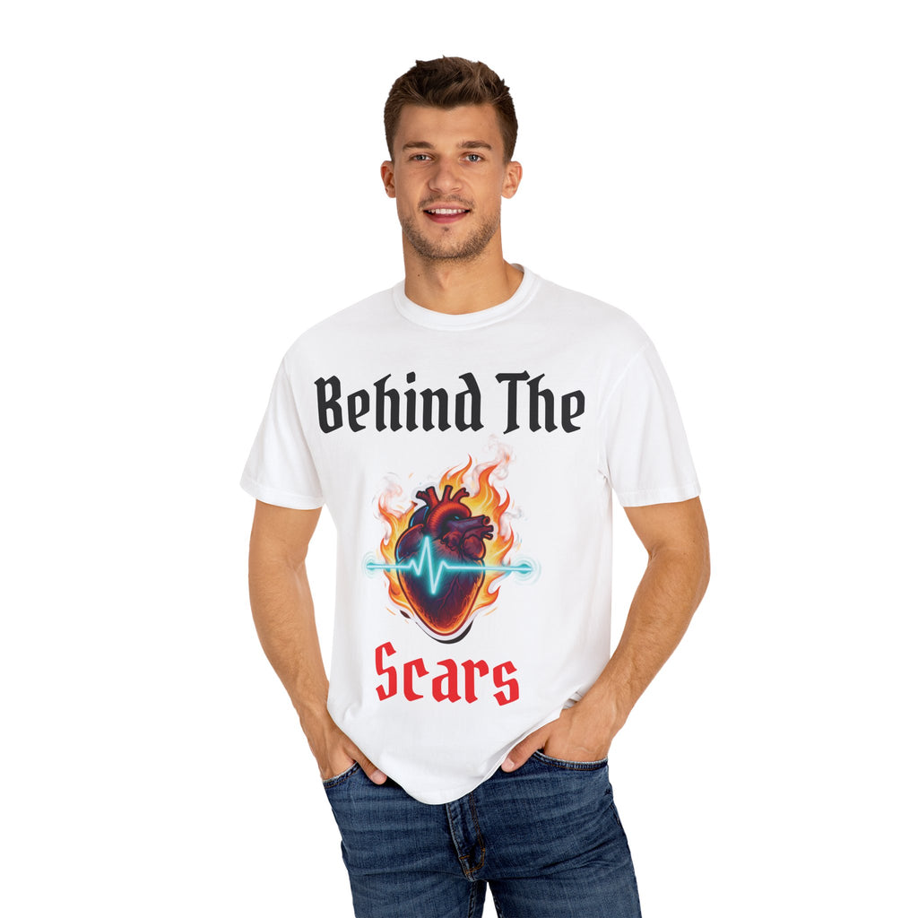 Graphic T-Shirt — "Behind The Scars" Flaming Heart Design