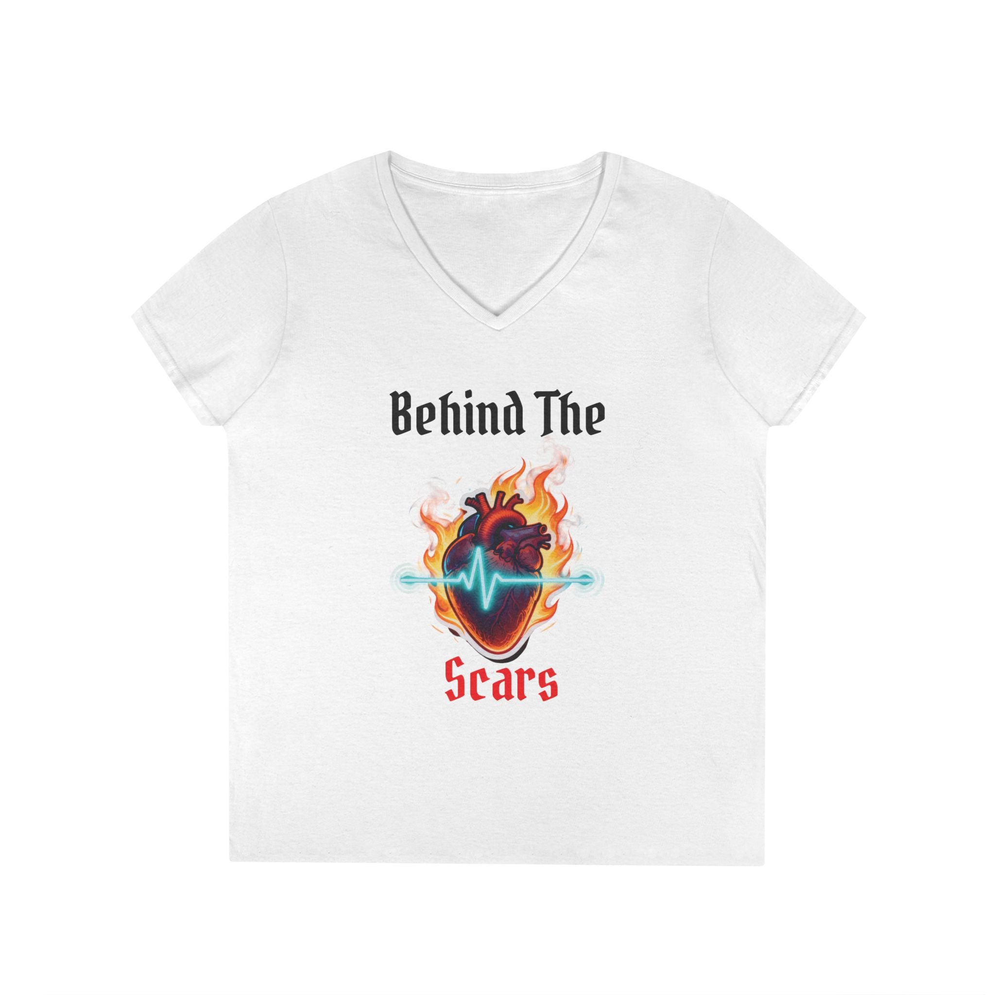 Flaming Heart Behind The Scars Ladies' V-Neck Tee