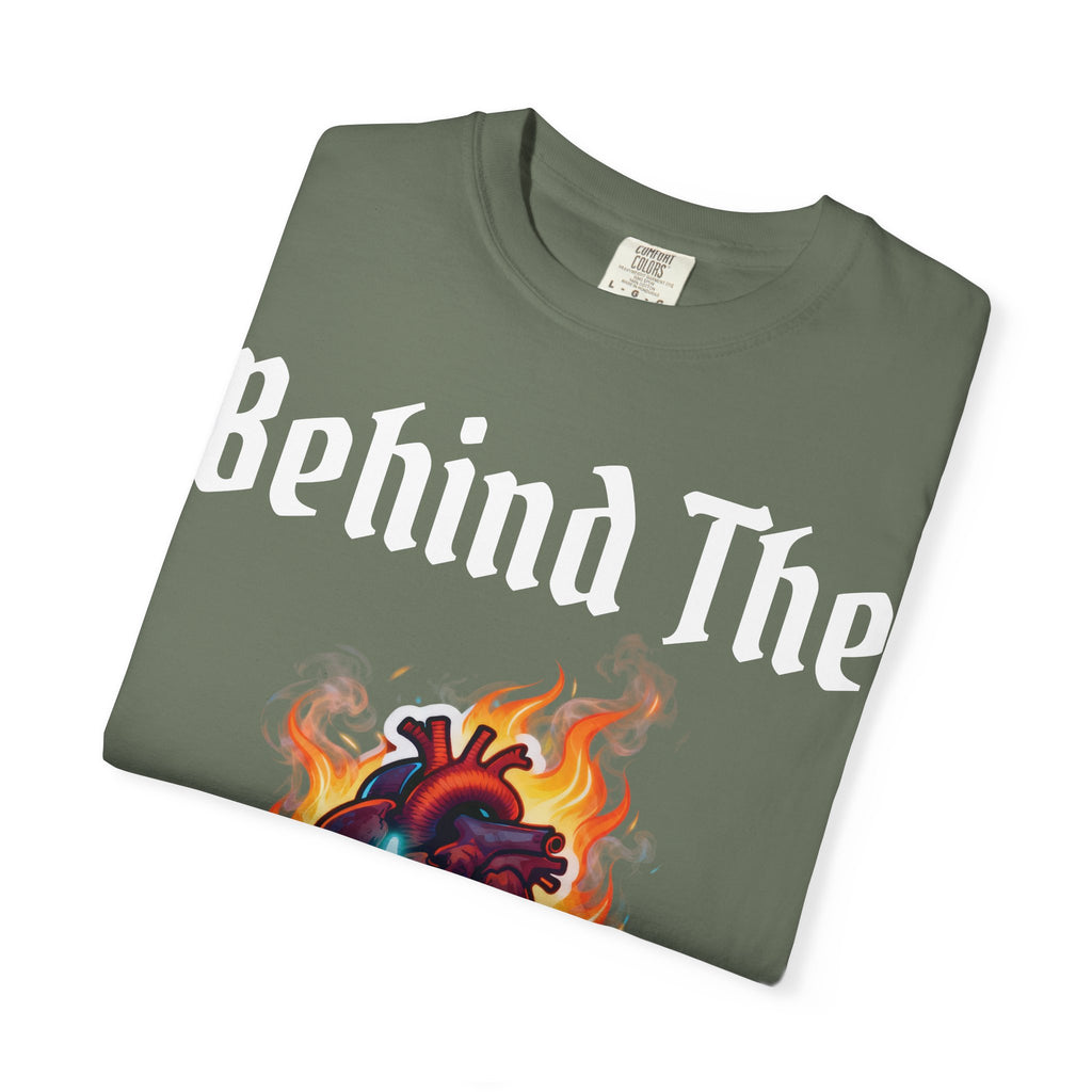 White text T-Shirt — "Behind The Scars" Flaming Heart Design