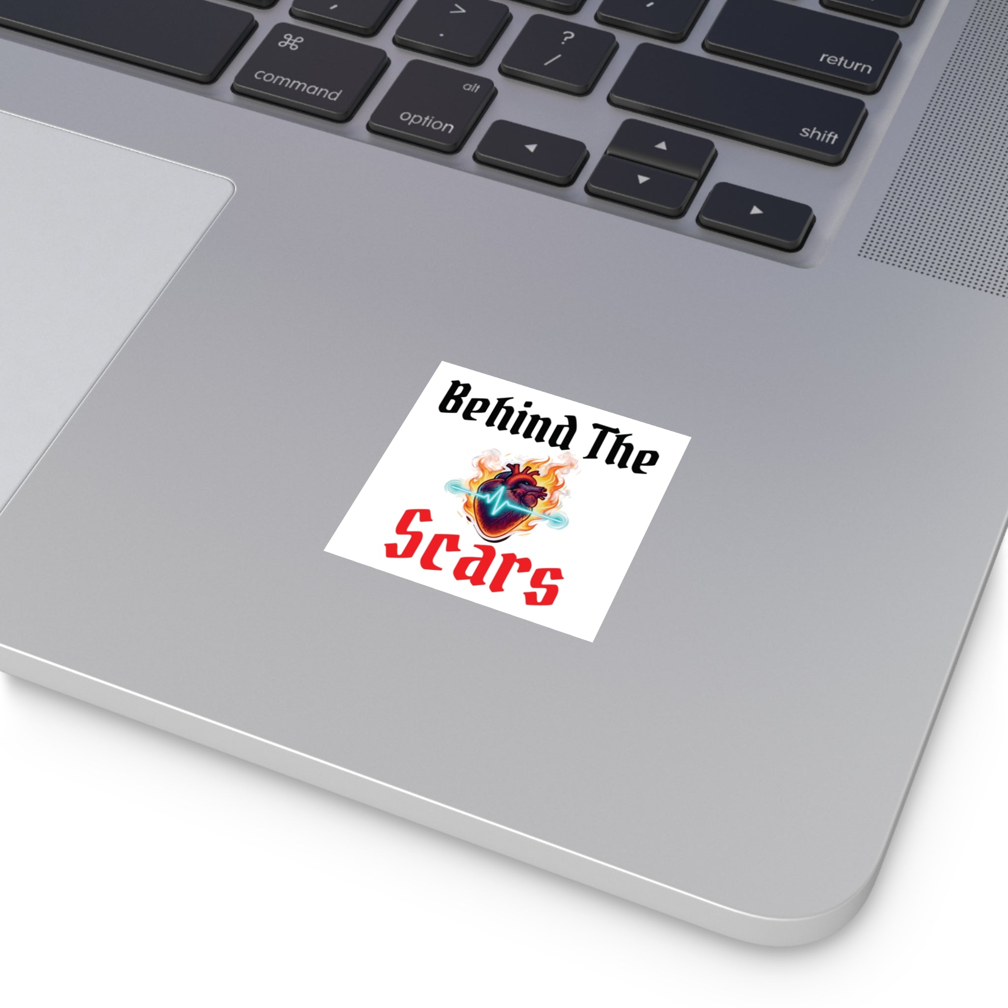 Square Sticker — "Behind The Scars" Heartbeat Flame Design (Indoor/Outdoor)
