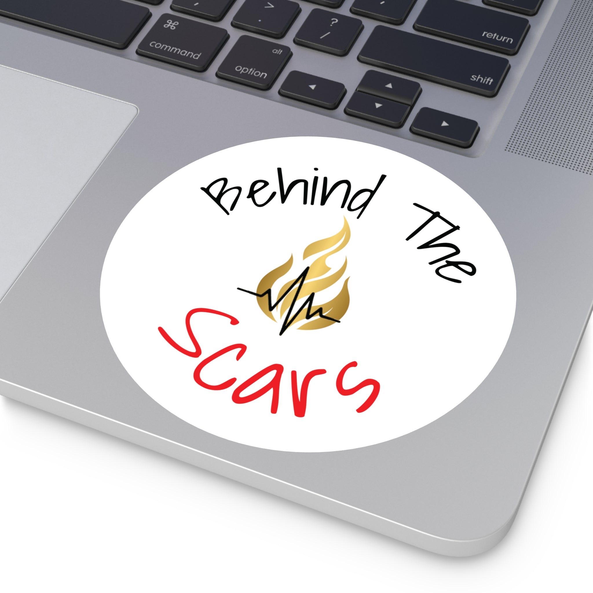 Round Sticker — "Behind The Scars" Flame Heart
