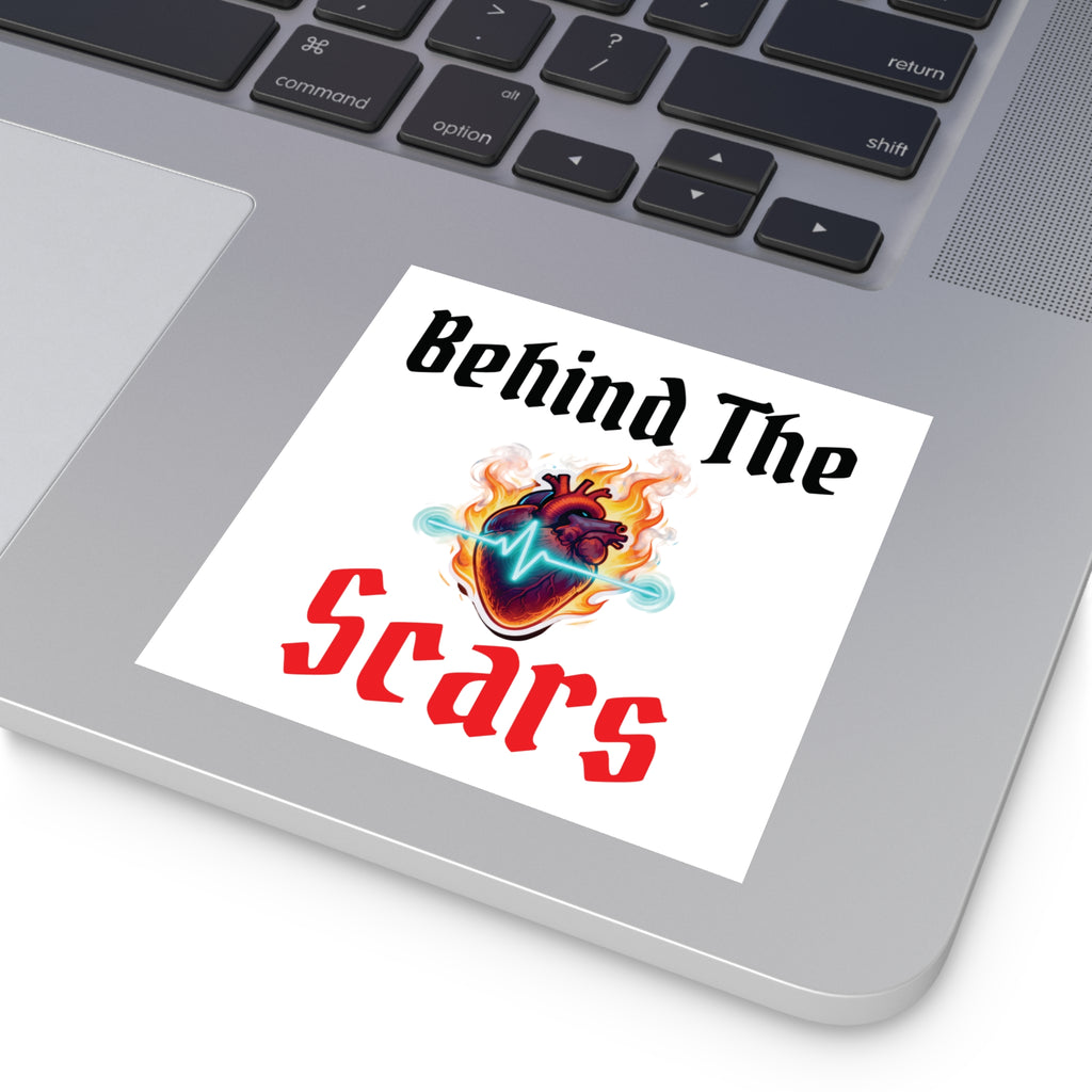 Square Sticker — "Behind The Scars" Heartbeat Flame Design (Indoor/Outdoor)