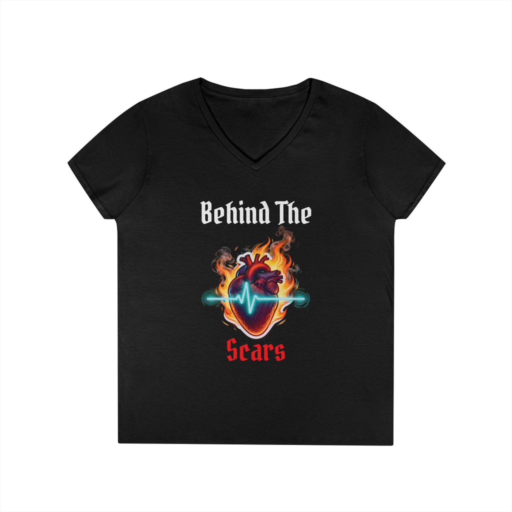 White text Behind The Scars Ladies' V-Neck Tee