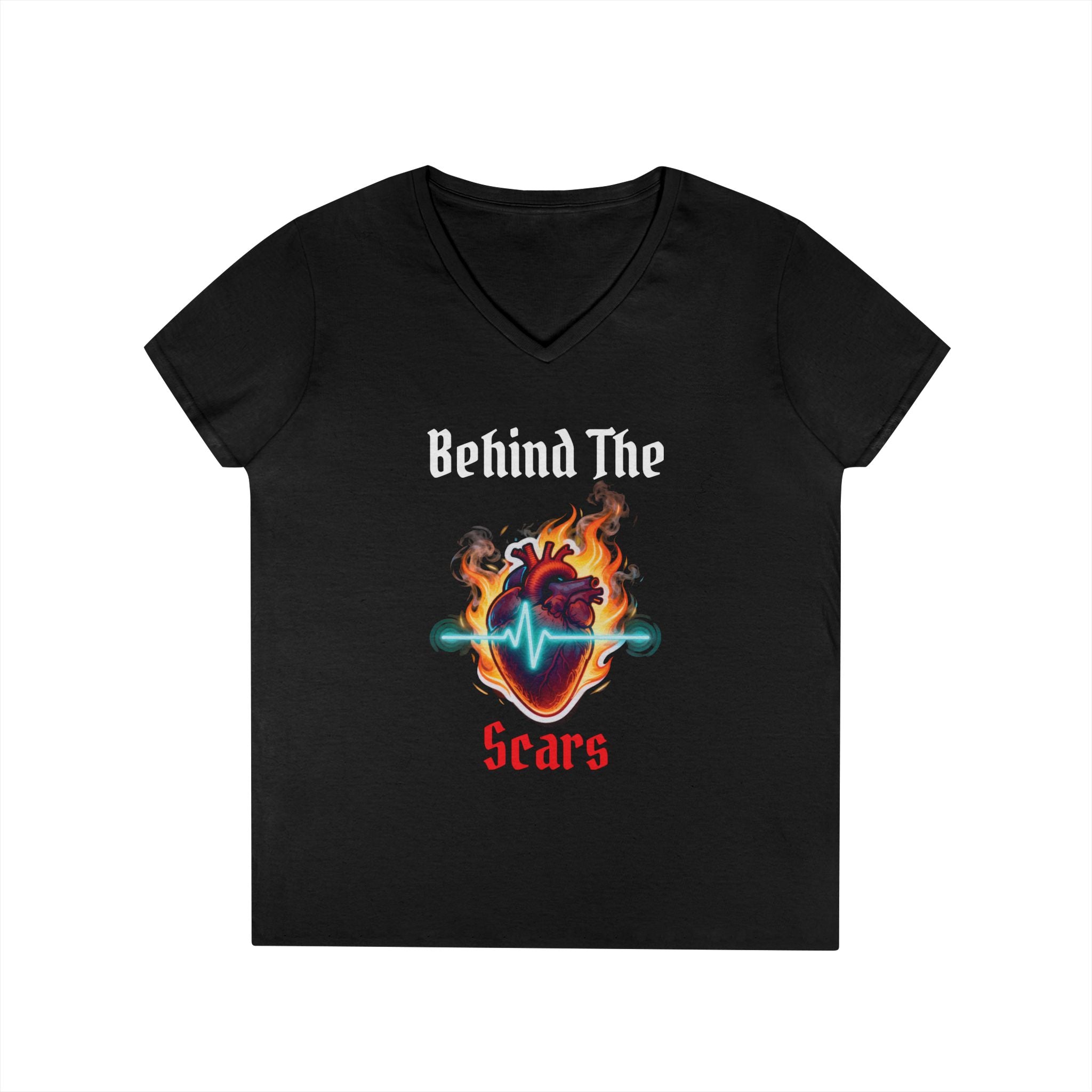 White text Behind The Scars Ladies' V-Neck Tee