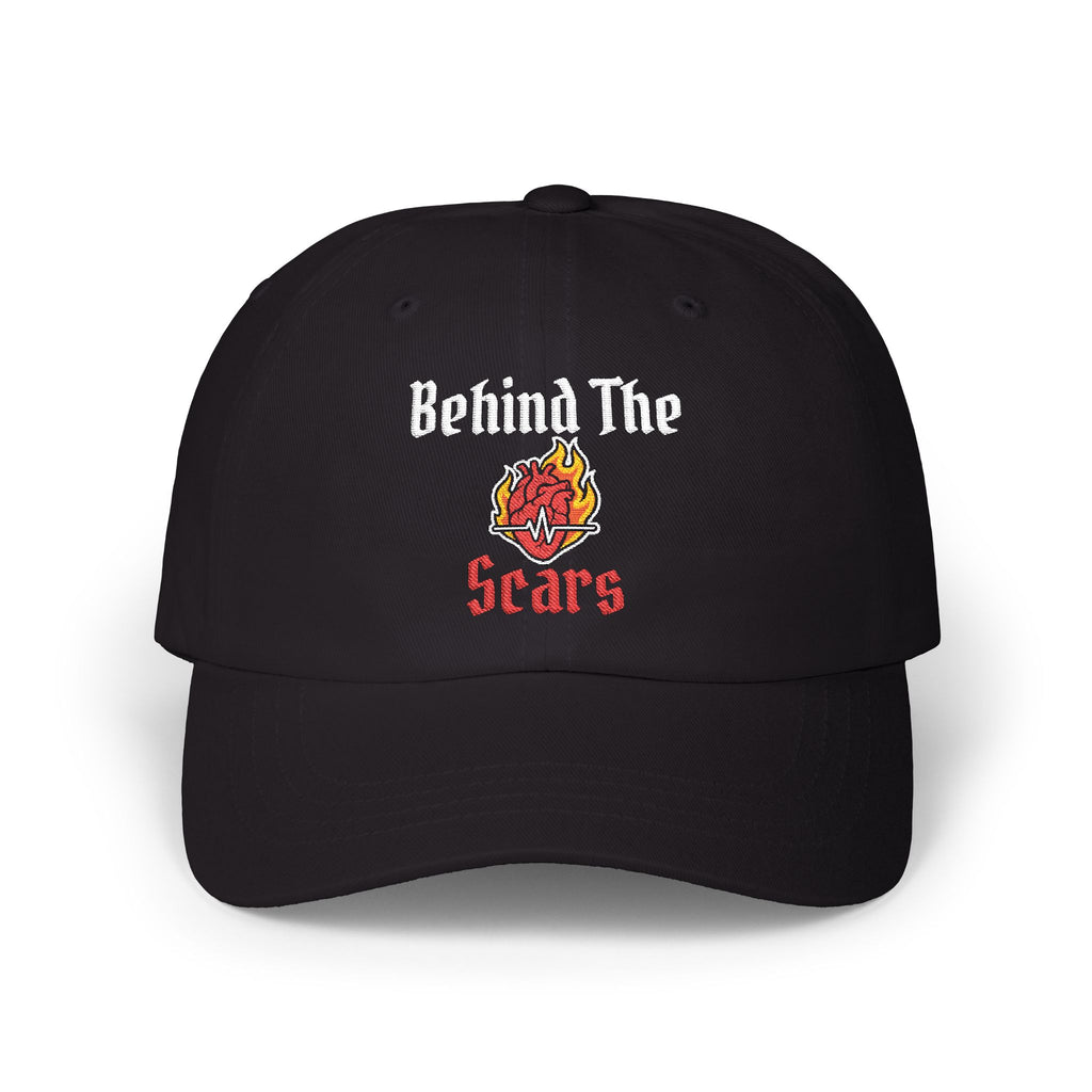 White Text of Behind The Scars Flaming Heart Embroidered Dad Cap