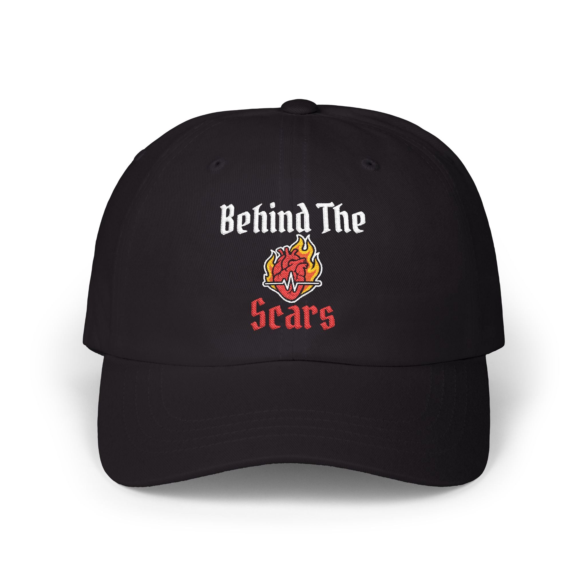 White Text of Behind The Scars Flaming Heart Embroidered Dad Cap