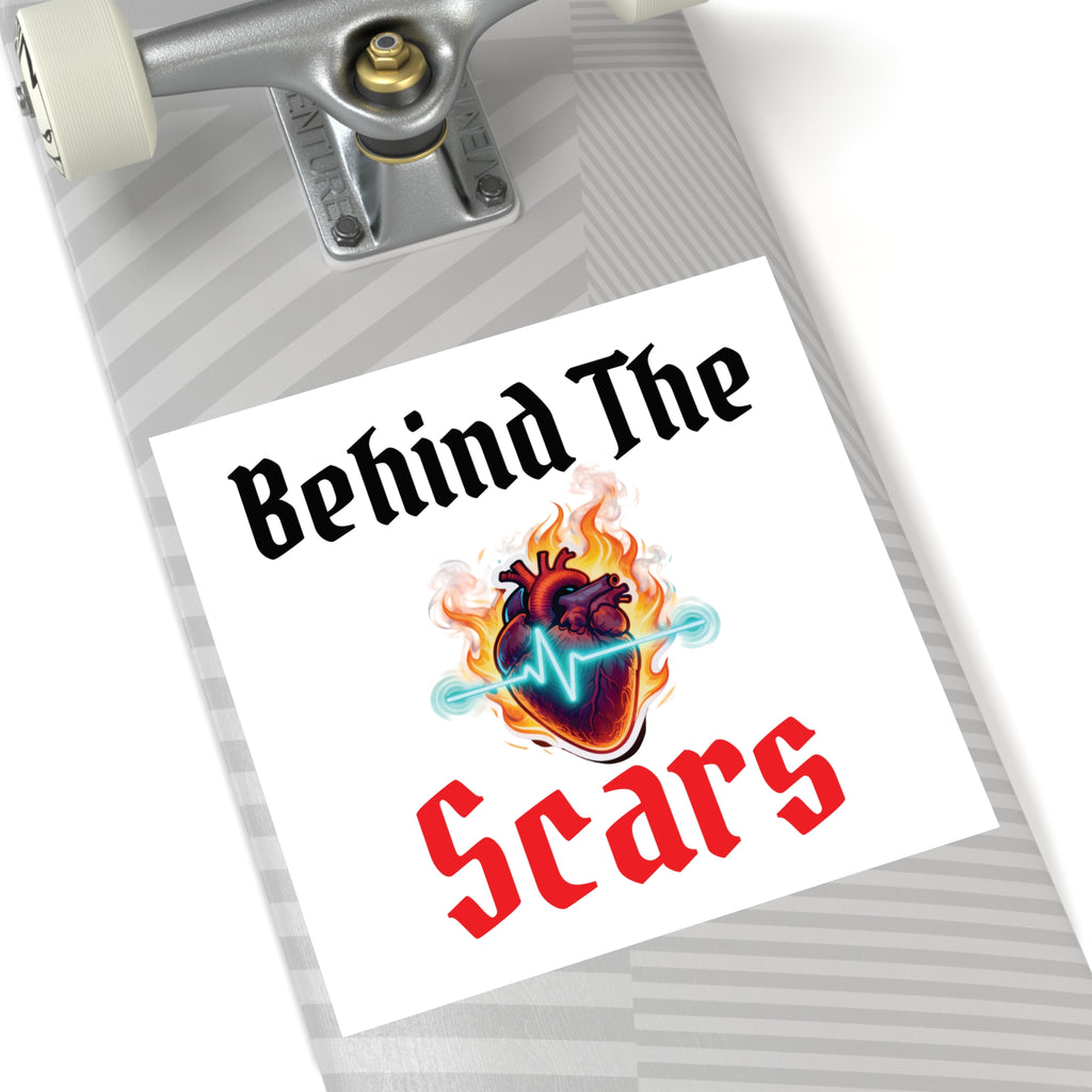 Square Sticker — "Behind The Scars" Heartbeat Flame Design (Indoor/Outdoor)