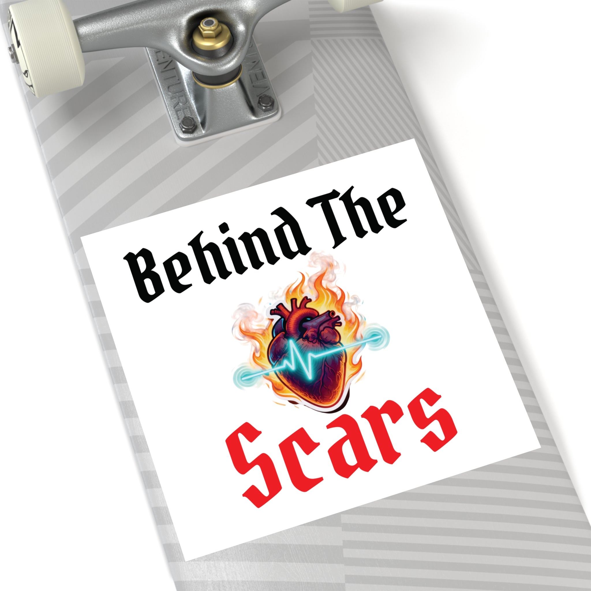 Square Sticker — "Behind The Scars" Heartbeat Flame Design (Indoor/Outdoor)