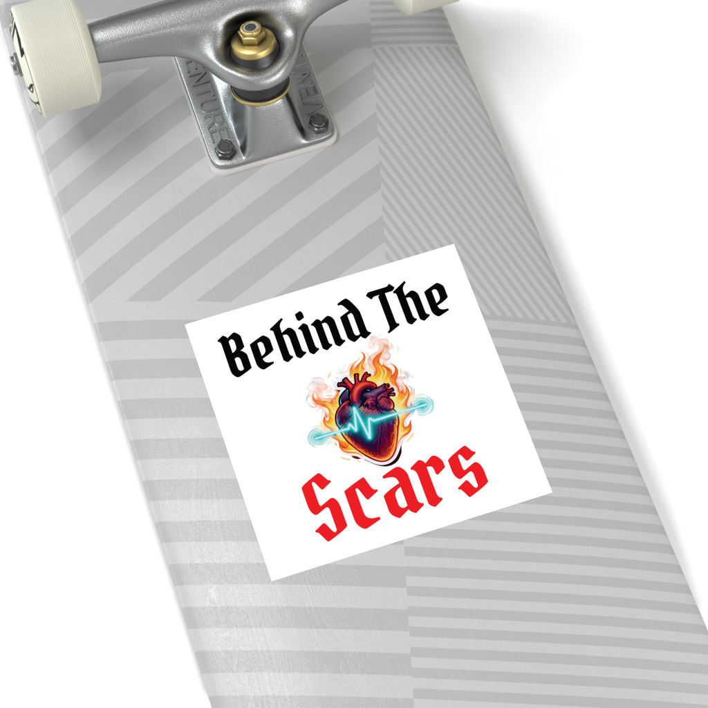 Square Sticker — "Behind The Scars" Heartbeat Flame Design (Indoor/Outdoor)