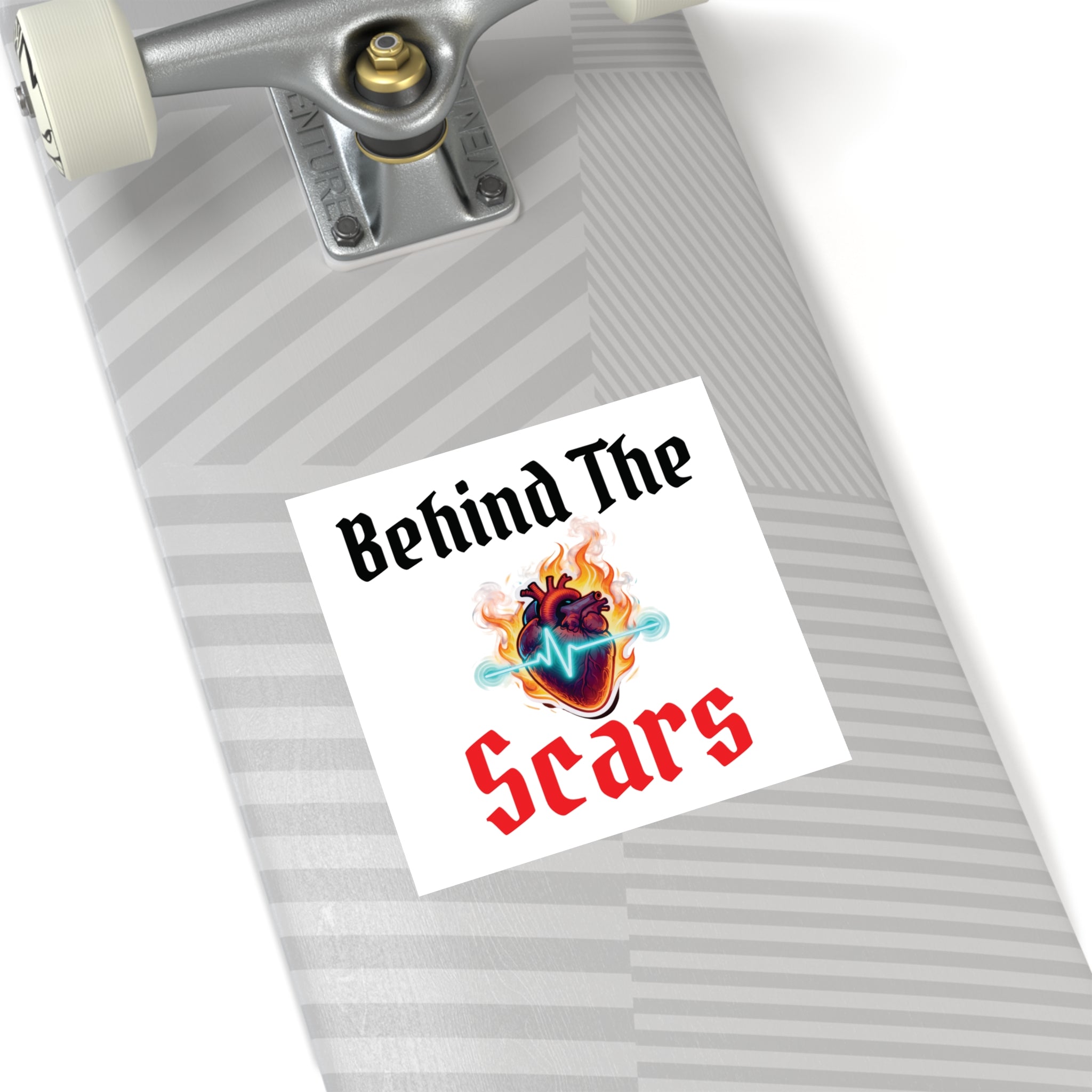 Square Sticker — "Behind The Scars" Heartbeat Flame Design (Indoor/Outdoor)