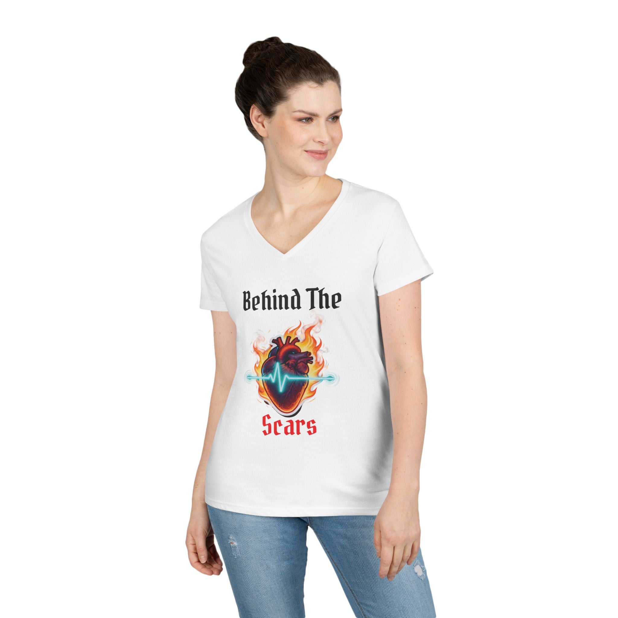 Flaming Heart Behind The Scars Ladies' V-Neck Tee