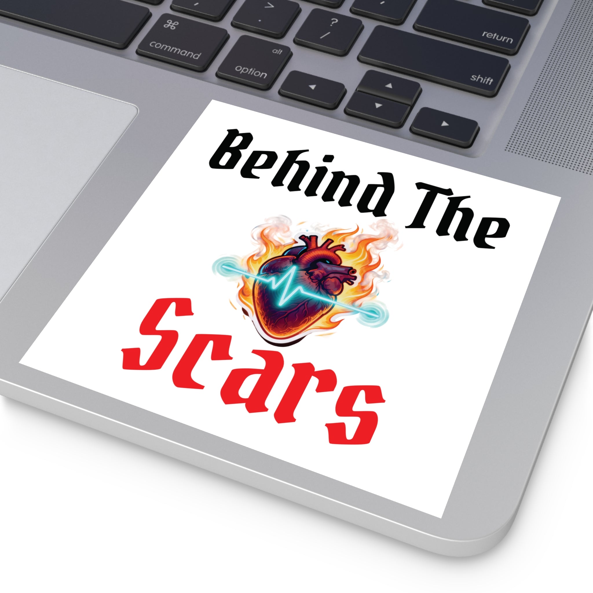 Square Sticker — "Behind The Scars" Heartbeat Flame Design (Indoor/Outdoor)