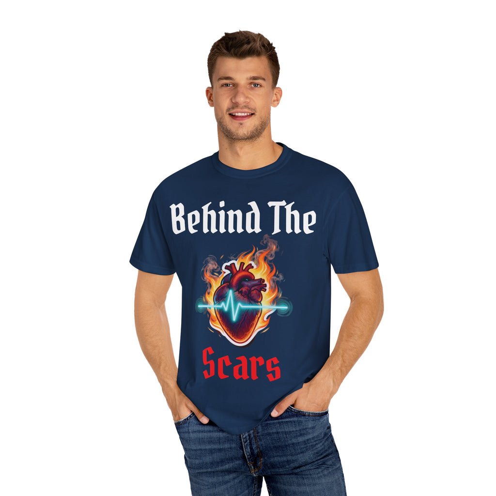 White text T-Shirt — "Behind The Scars" Flaming Heart Design