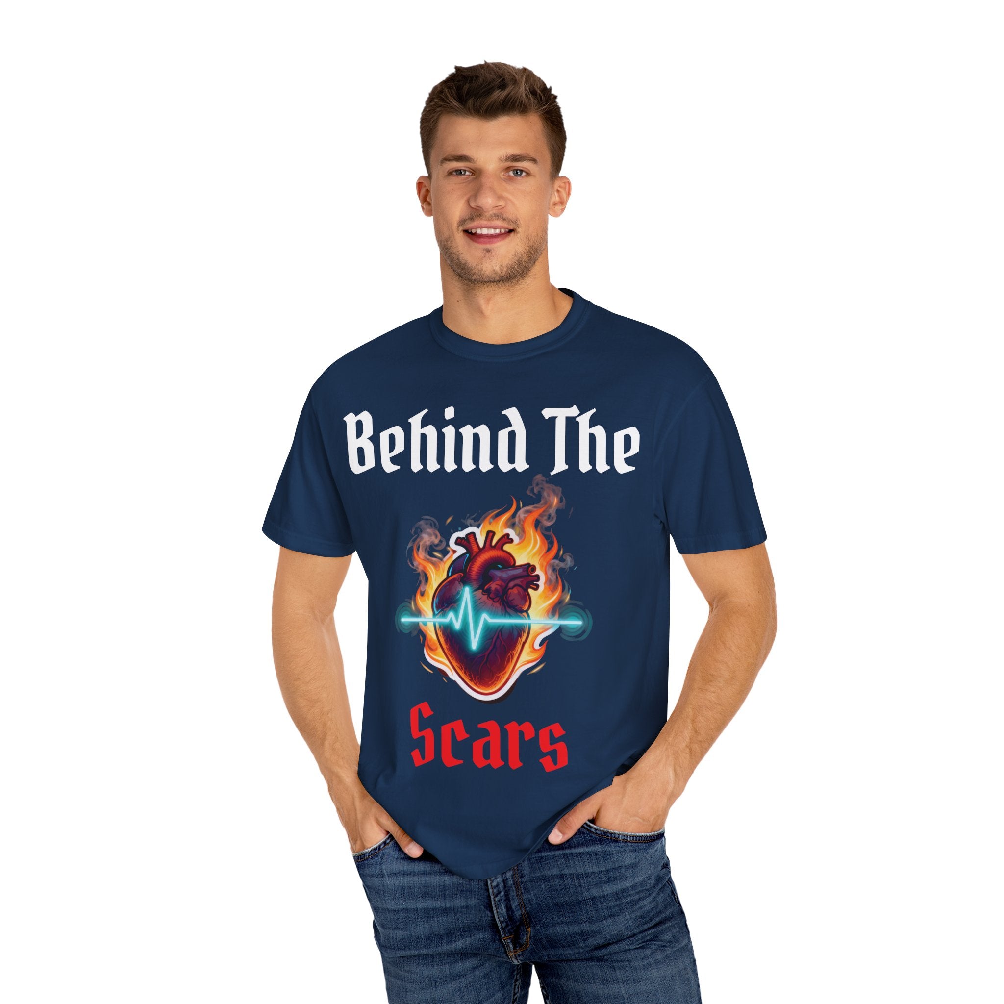 White text T-Shirt — "Behind The Scars" Flaming Heart Design