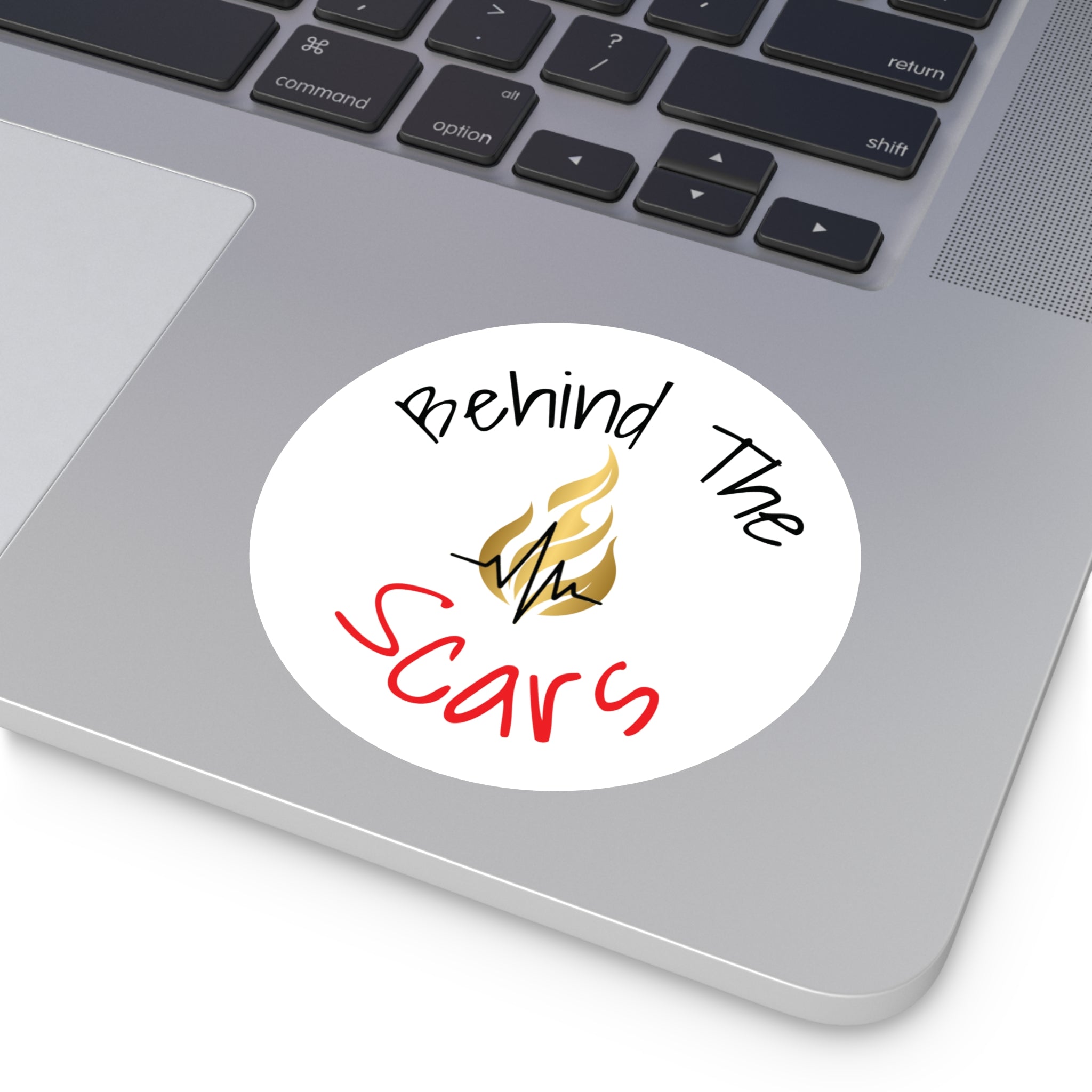 Round Sticker — "Behind The Scars" Flame Heart